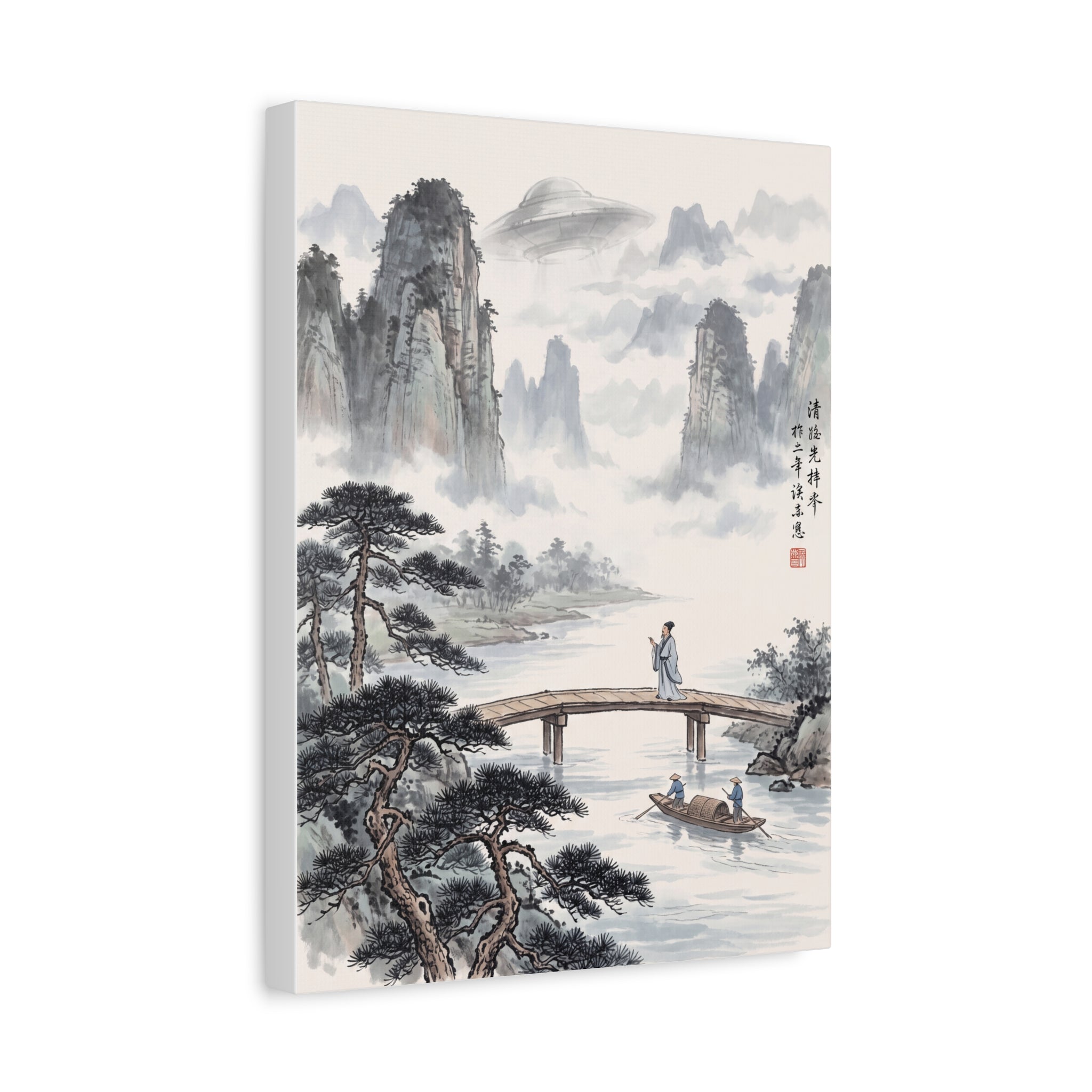 3/4 view framed landscape wall art print with misty mountains, river, and boats