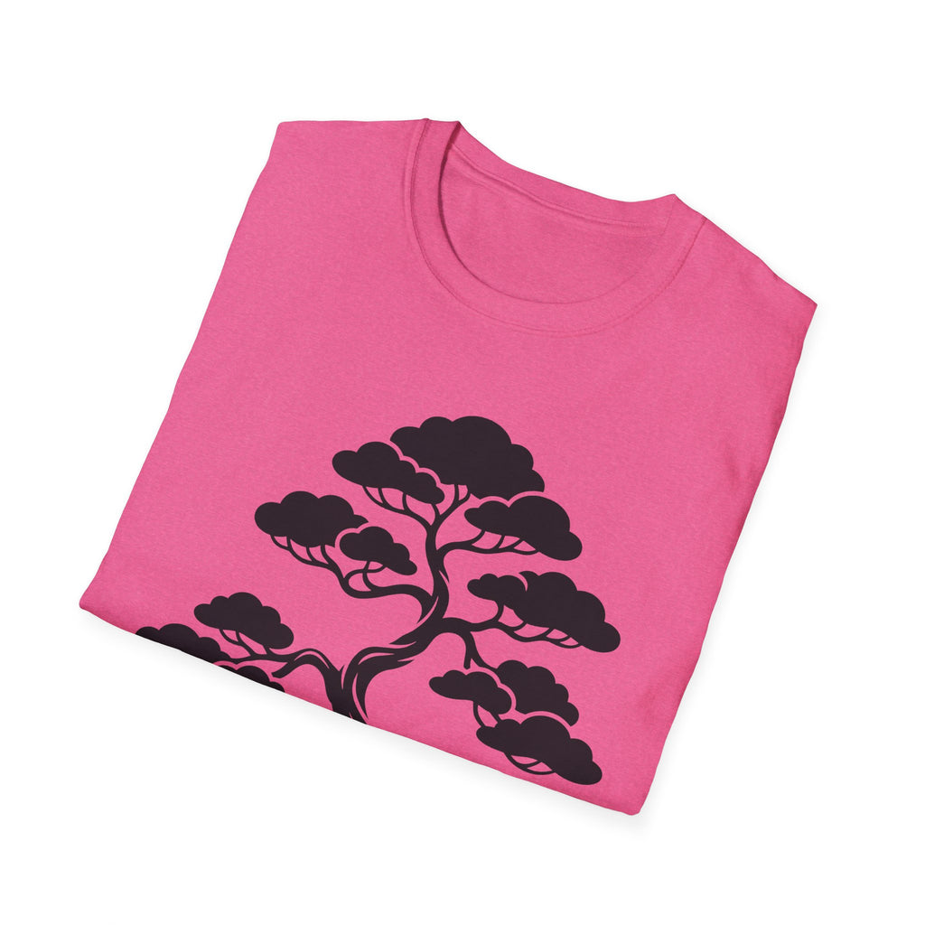 Pink heather T-shirt with black bonsai tree graphic