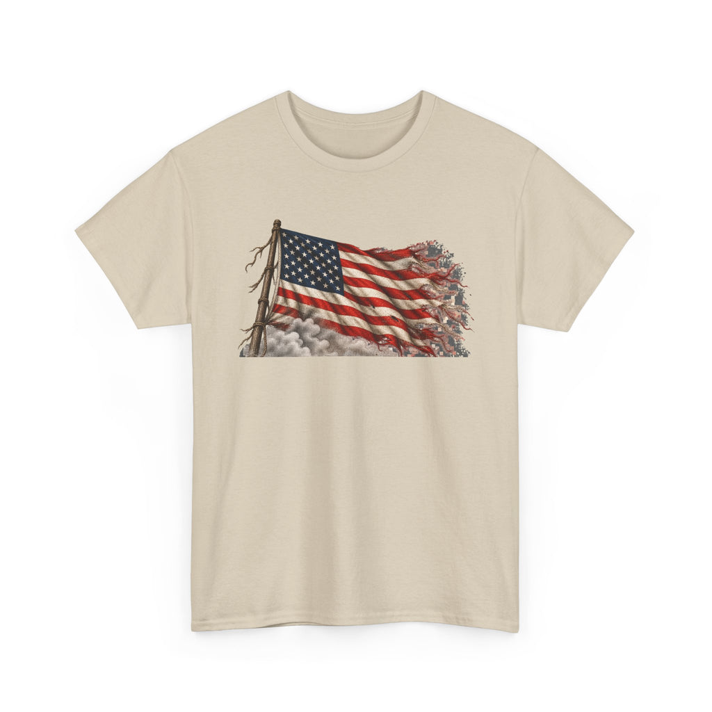 Sand short-sleeve crewneck T-shirt with weathered waving American flag graphic