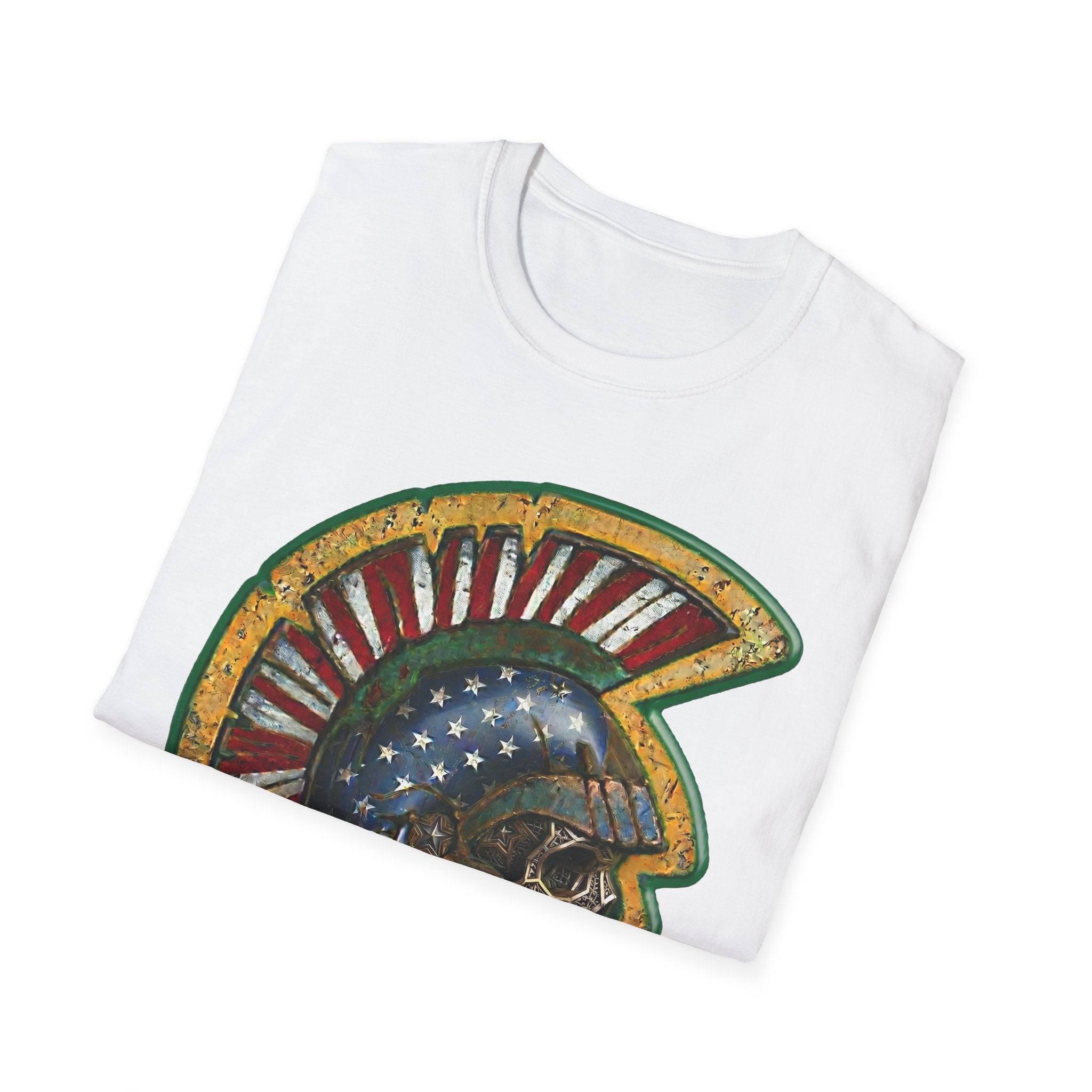 White t-shirt close-up of American flag helmet skull graphic