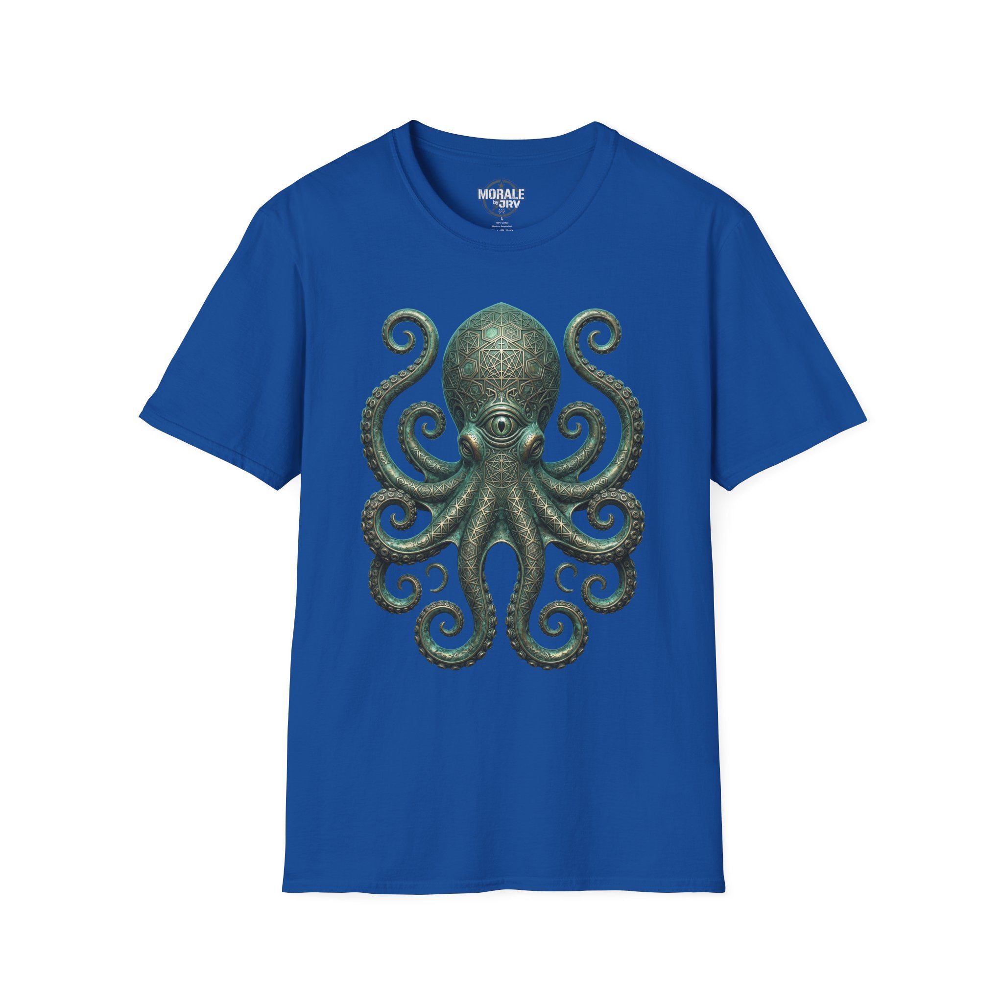 Kraken-Octopus T-Shirt auf königsblauem Stoff, grünes Printmotiv vorne