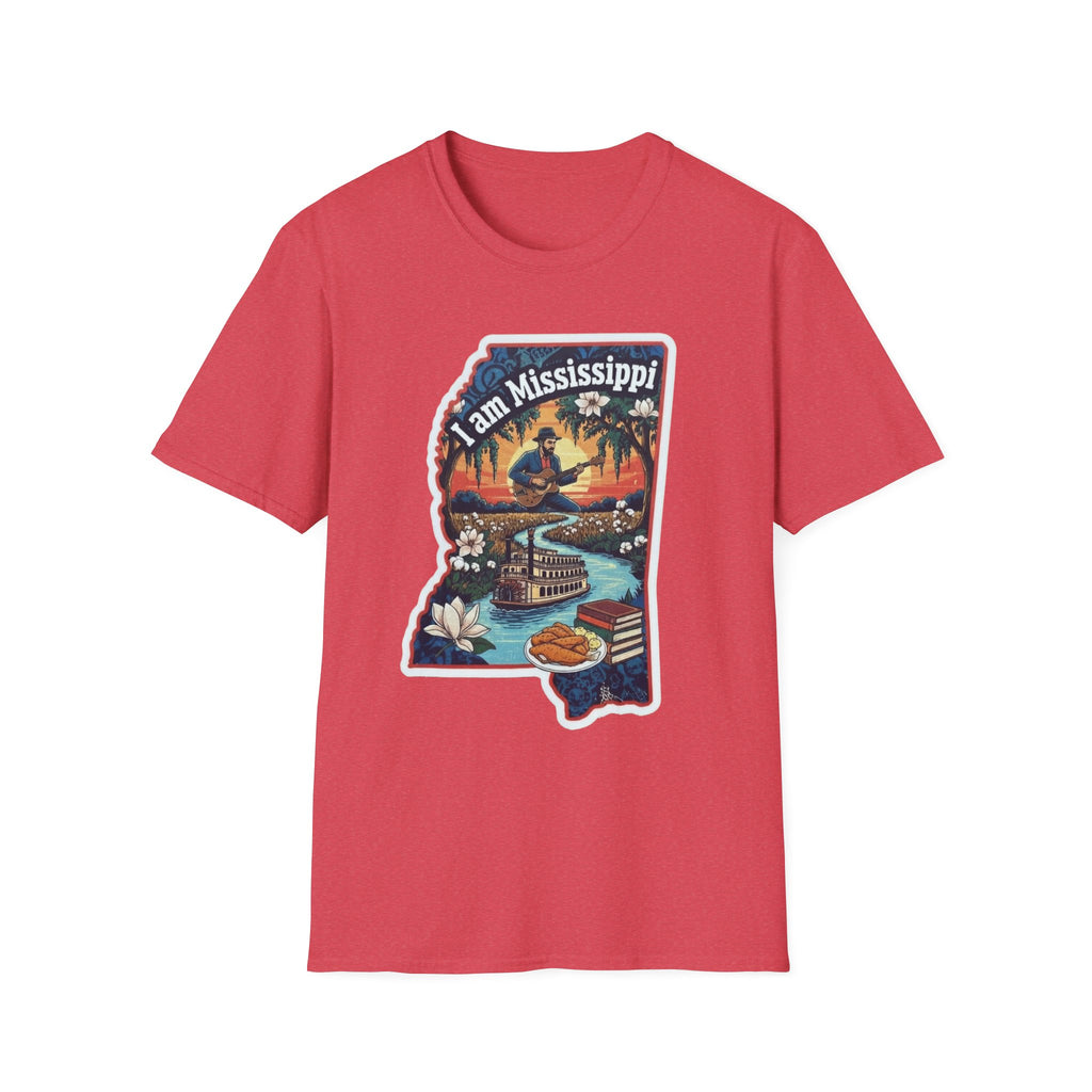 Red T-shirt with Mississippi state graphic, riverboat and magnolia design