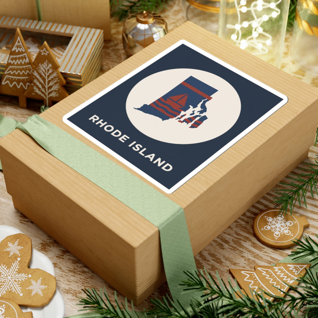 Rhode Island sticker on wrapped gift, dark blue square with white circle and sailboat map