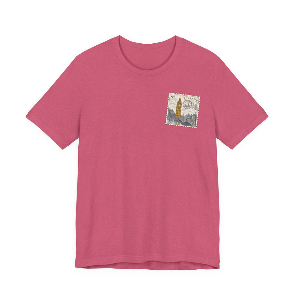 Red short-sleeve T-shirt with small vintage postage stamp graphic on chest