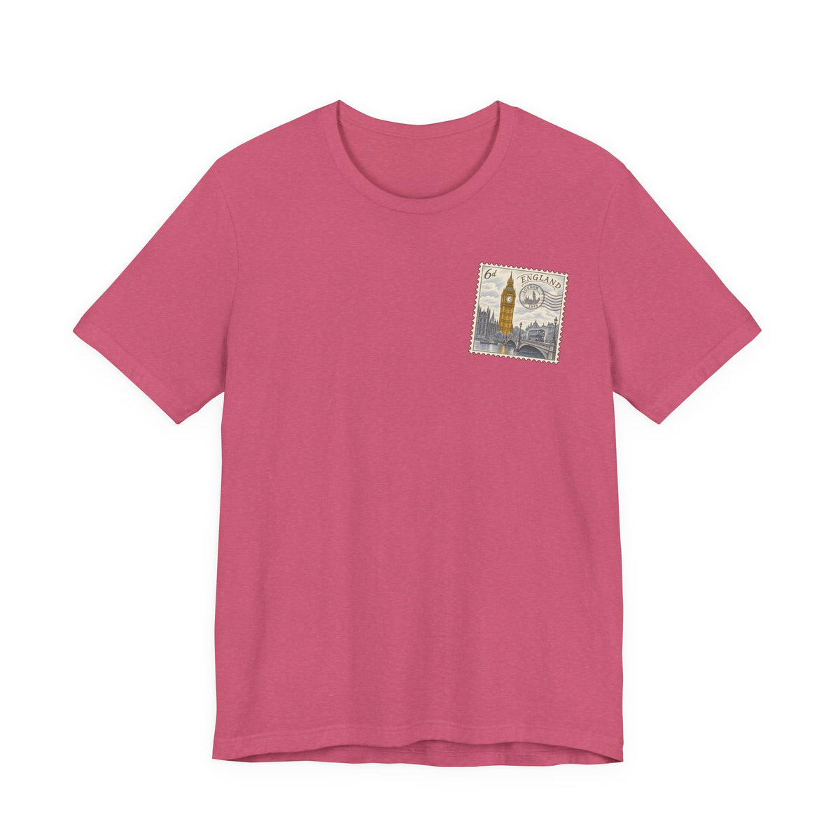Red short-sleeve T-shirt with small vintage postage stamp graphic on chest