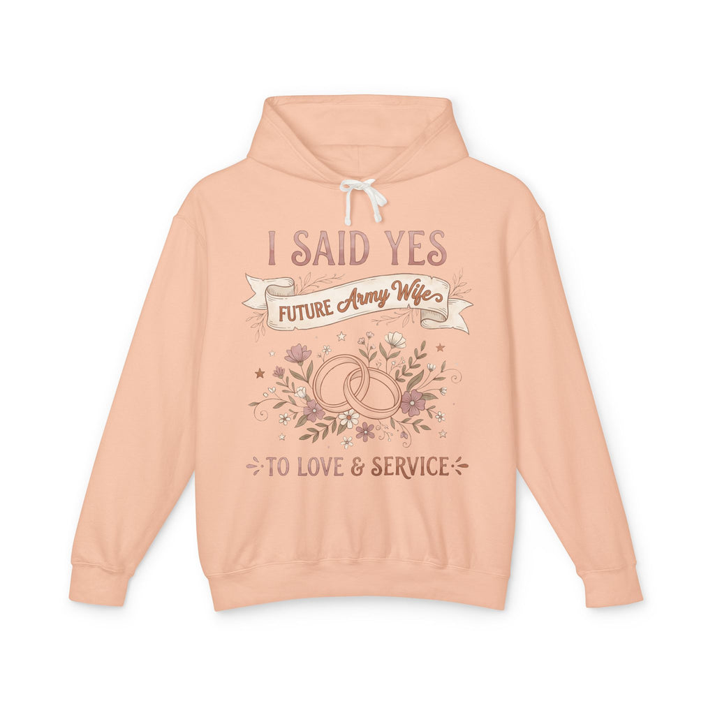 Peachy hoodie with drawstring hood and 'I SAID YES' floral 'Army Wife' graphic