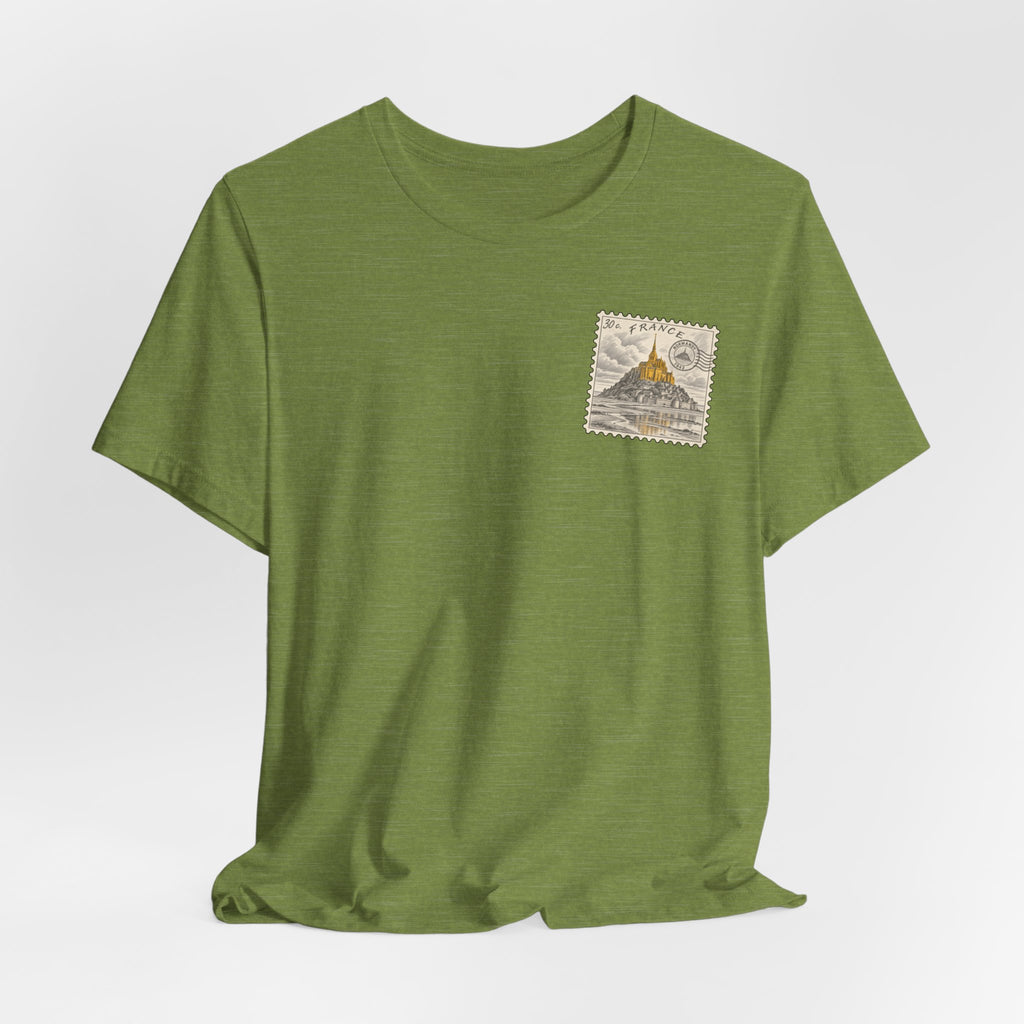 Green crew neck T-shirt with small postage-stamp style Mont Saint-Michel emblem on chest