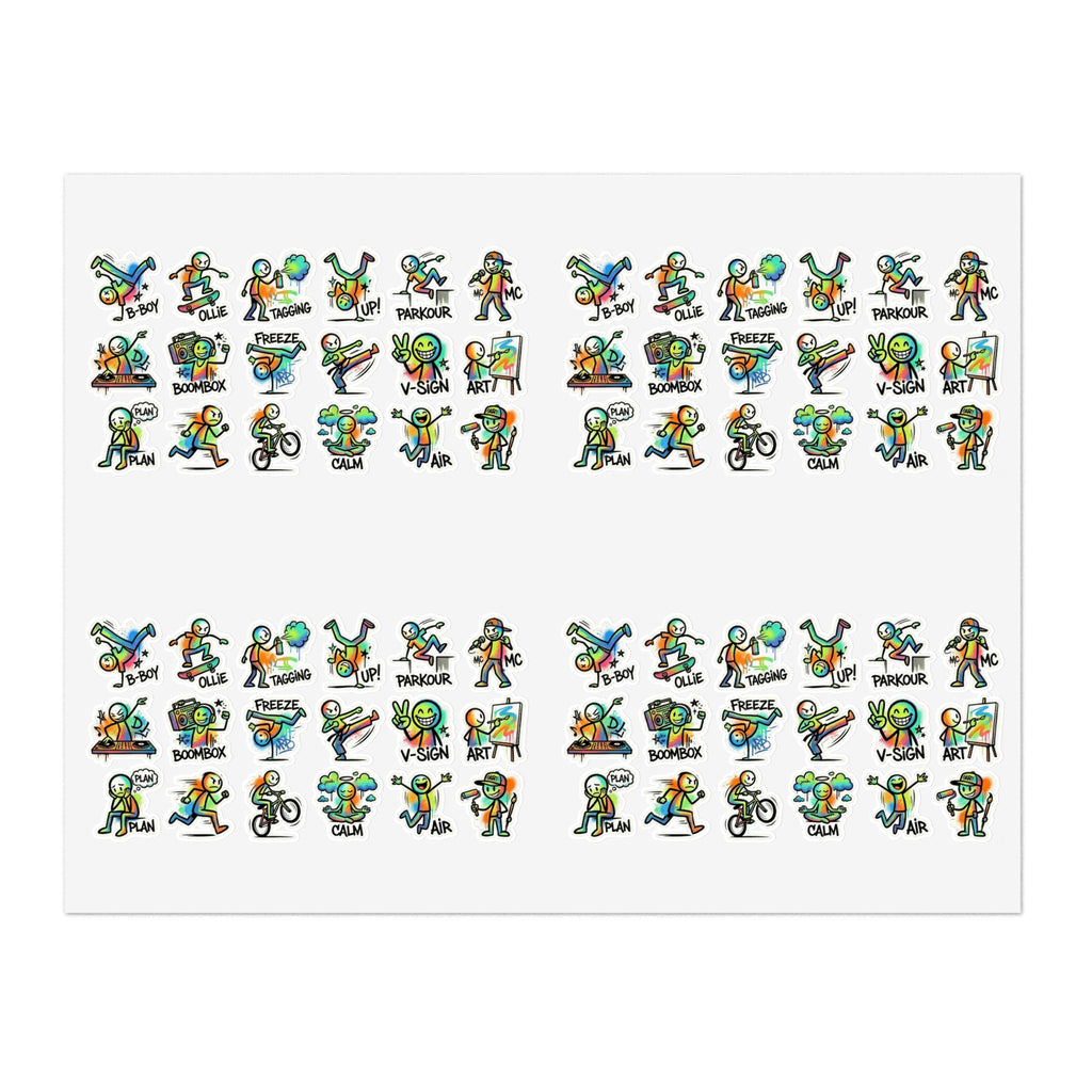 Mini activity character sticker sheet featuring die-cut exercise icons on a white backing
