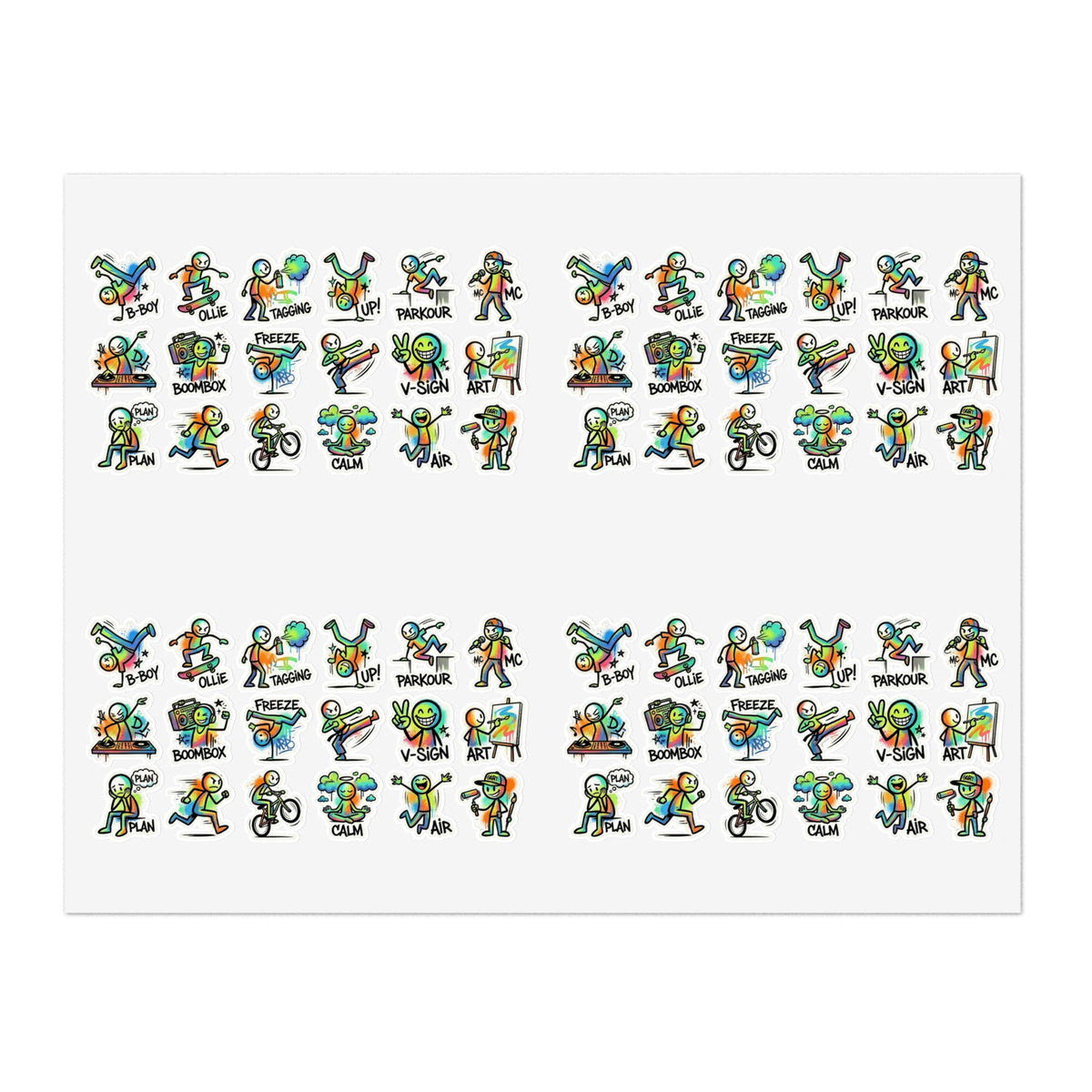 Mini activity character sticker sheet featuring die-cut exercise icons on a white backing