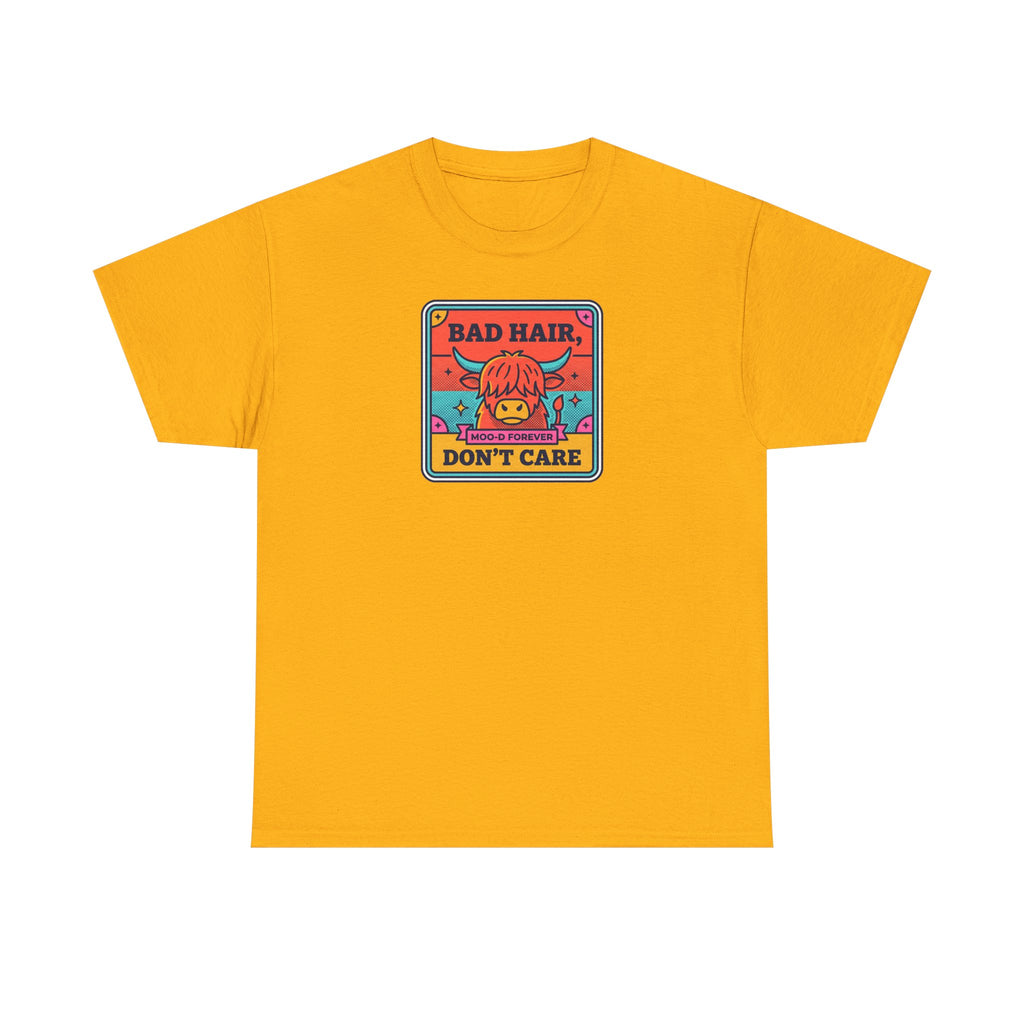 Gold crewneck T-shirt with colorful "Bad Hair Don't Care" skull graphic