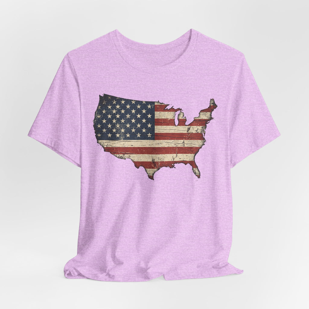 Purple distressed American flag map T-shirt with distressed print on front.
