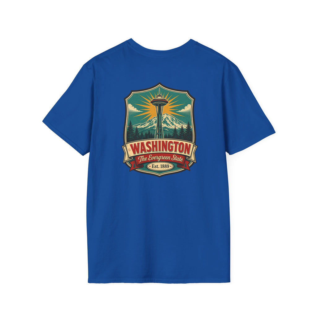 Royal blue T-shirt with Washington lighthouse graphic on front