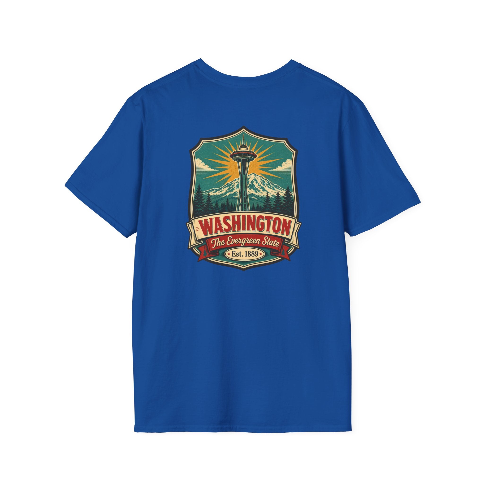 Royal blue T-shirt with Washington lighthouse graphic on front