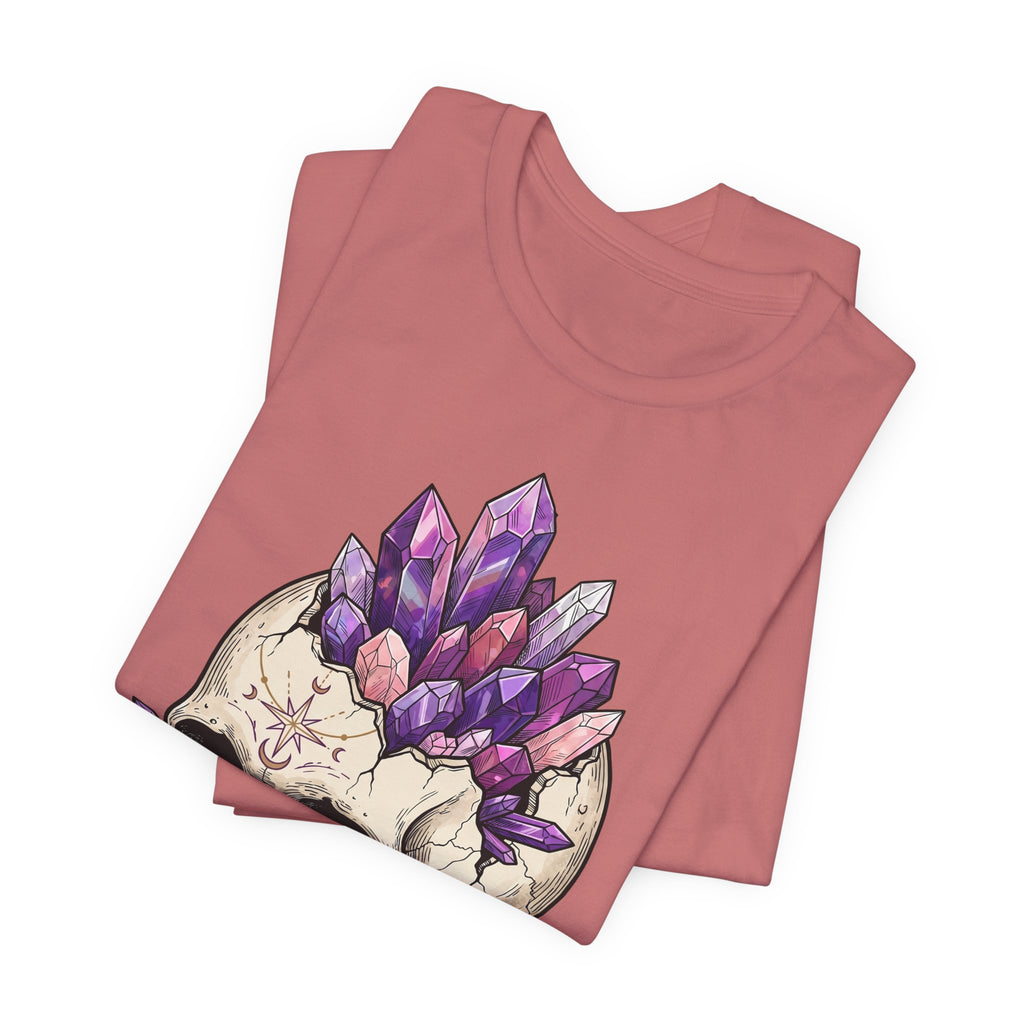 Amethyst crystal skull T-shirt in maroon, purple crystal skull chest graphic