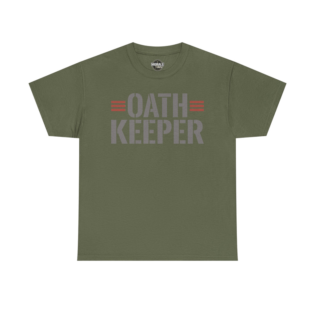 Green T-shirt with 'OATH KEEPER' patriotic graphic