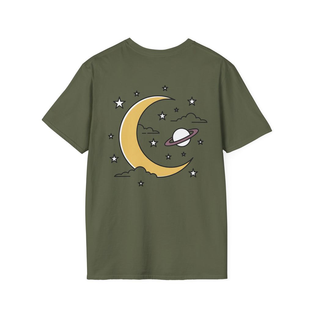 Olive green t-shirt with yellow crescent moon, planet ring, stars, and clouds graphic