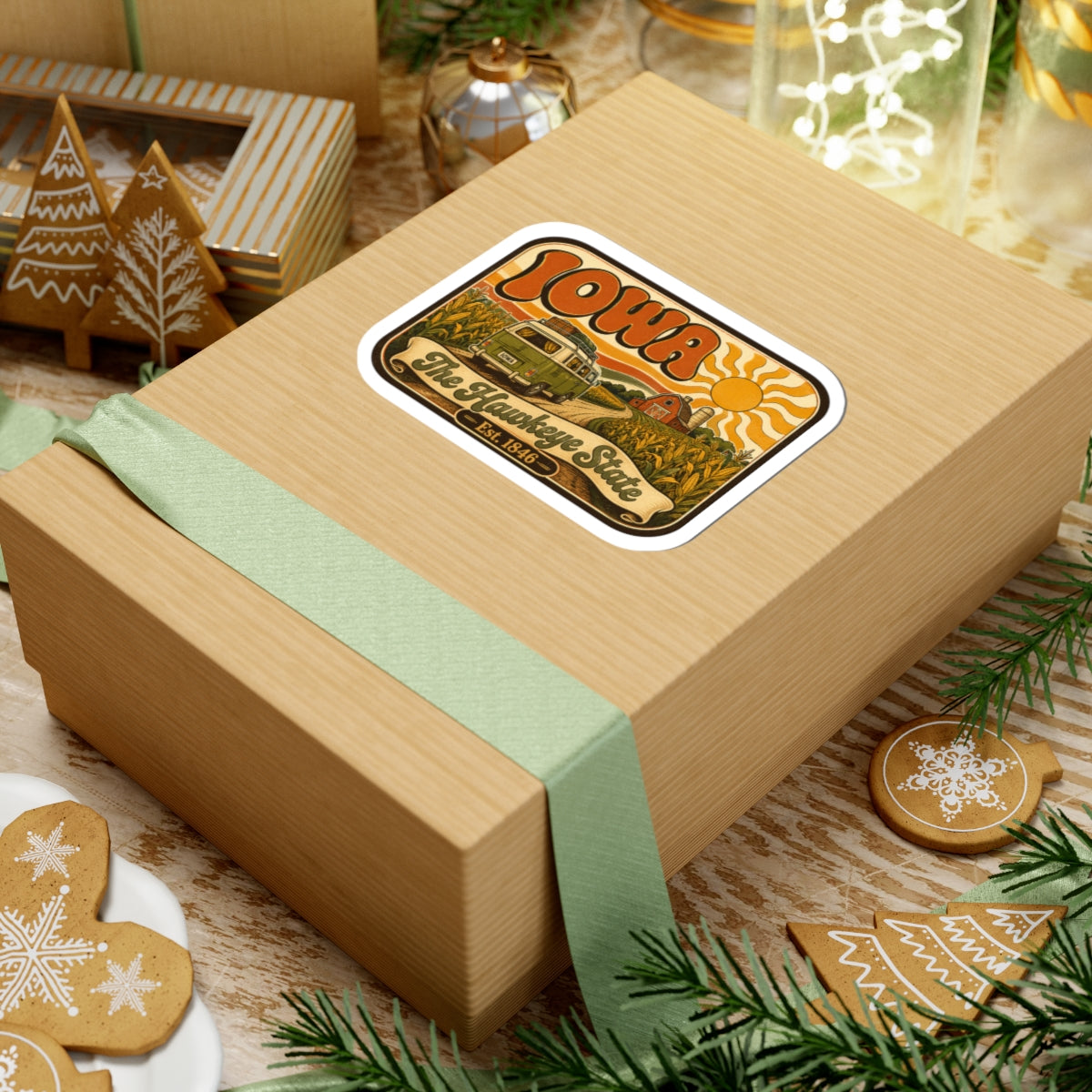 Kiss-cut Iowa retro camper sticker on wrapped gift; camper and cornfield artwork, white border