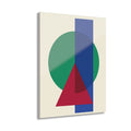 Abstract wall art: overlapping green, blue, and red geometric shapes on a light background.