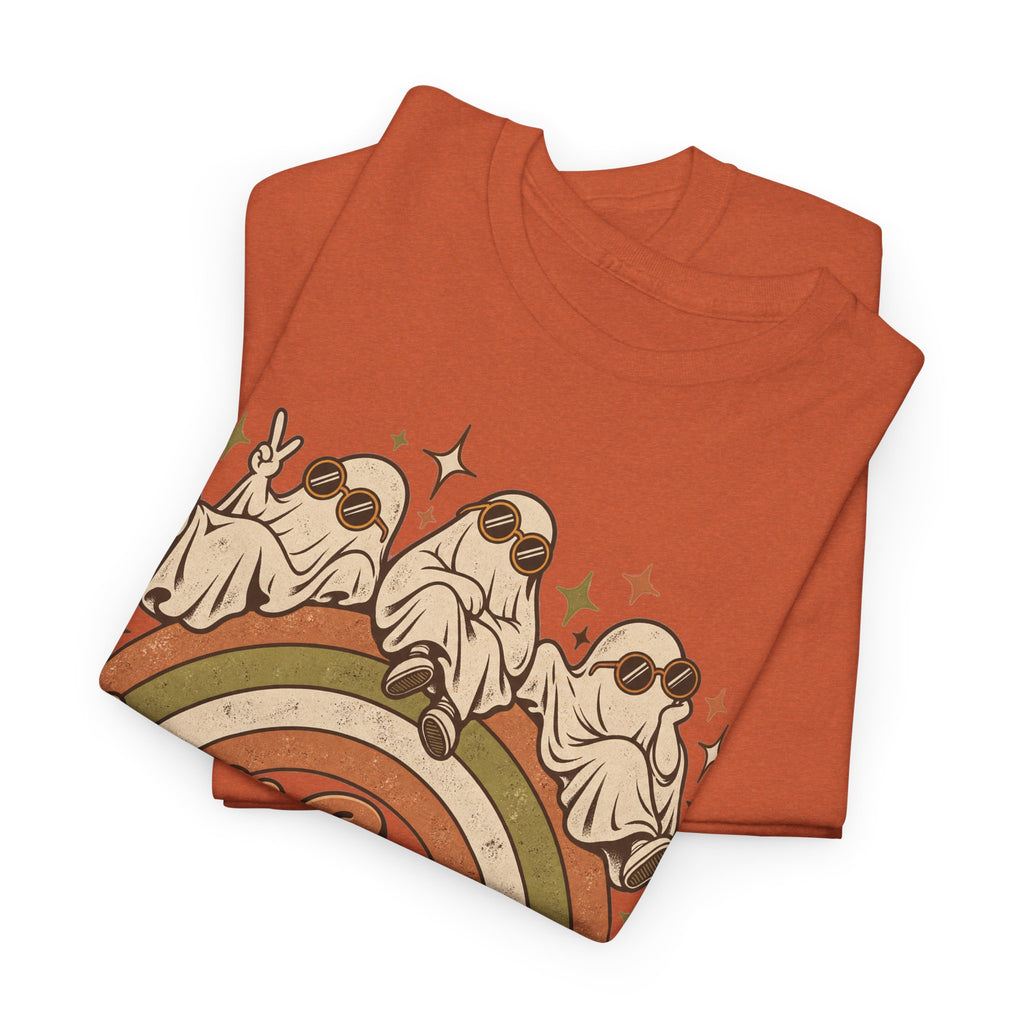 Stay Groovy Ghouls T-Shirt, Retro Rainbow Ghosts in Sunglasses Halloween Shirt for Women and Men, Cute 70s Spooky Tee