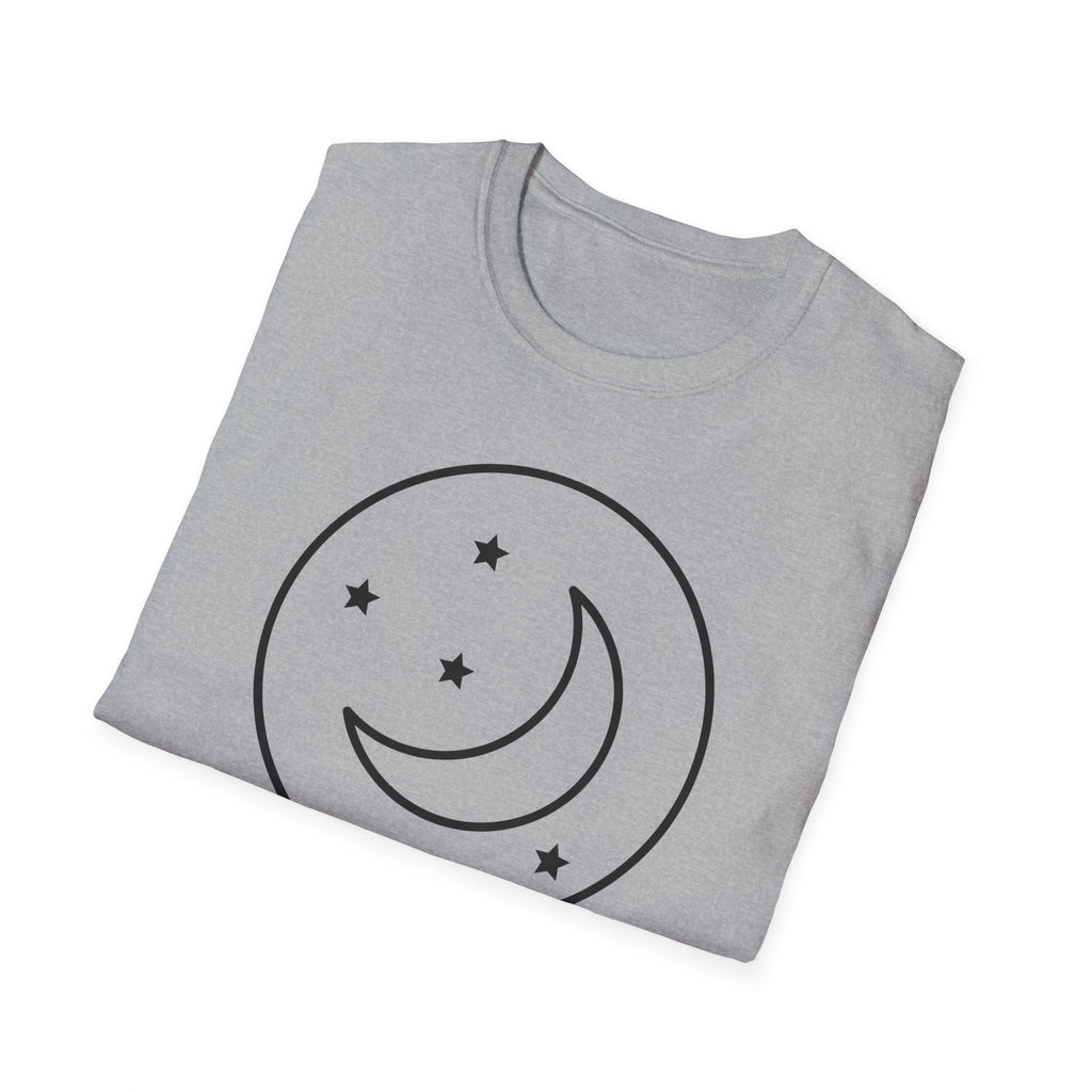 Light gray t-shirt with black crescent moon and stars inside outlined circle graphic