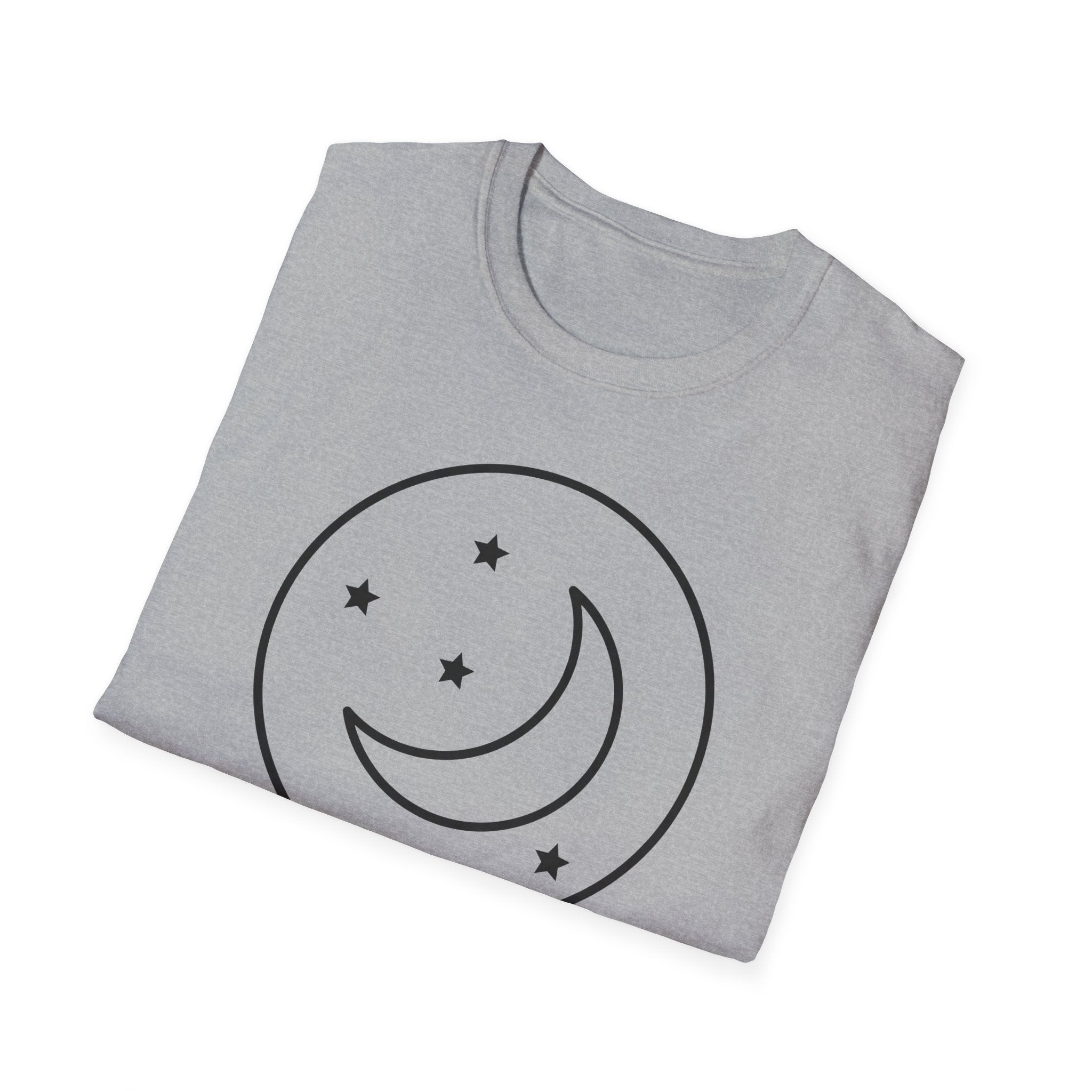 Light gray t-shirt with black crescent moon and stars inside outlined circle graphic