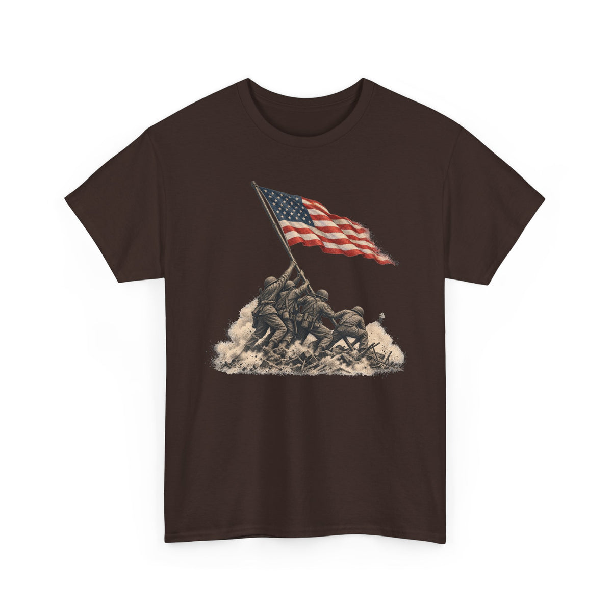 Dark brown graphic T-shirt with waving American flag over raised battle scene