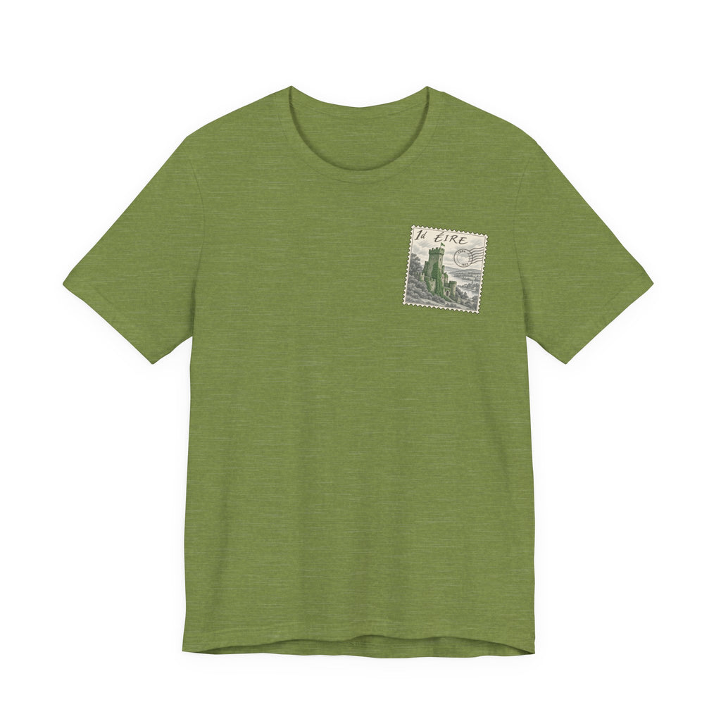 Green travel t-shirt with small vintage postage-stamp castle graphic on chest