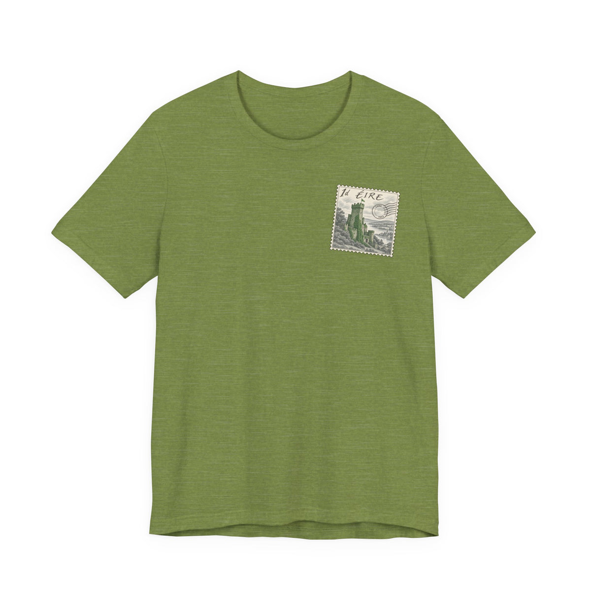 Green travel t-shirt with small vintage postage-stamp castle graphic on chest