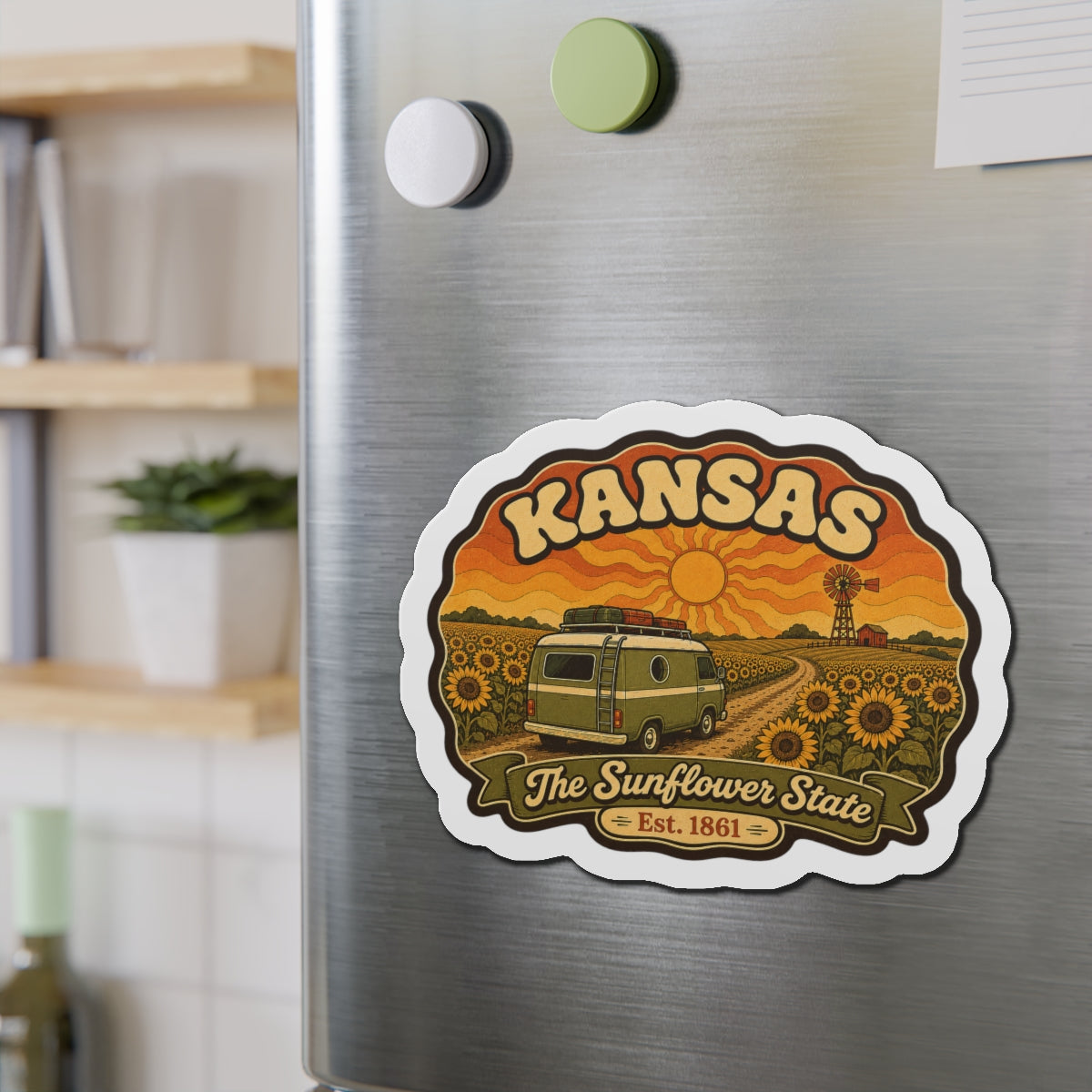 Kansas sunflower state die-cut magnet featuring green van in a sunflower field with Kansas lettering