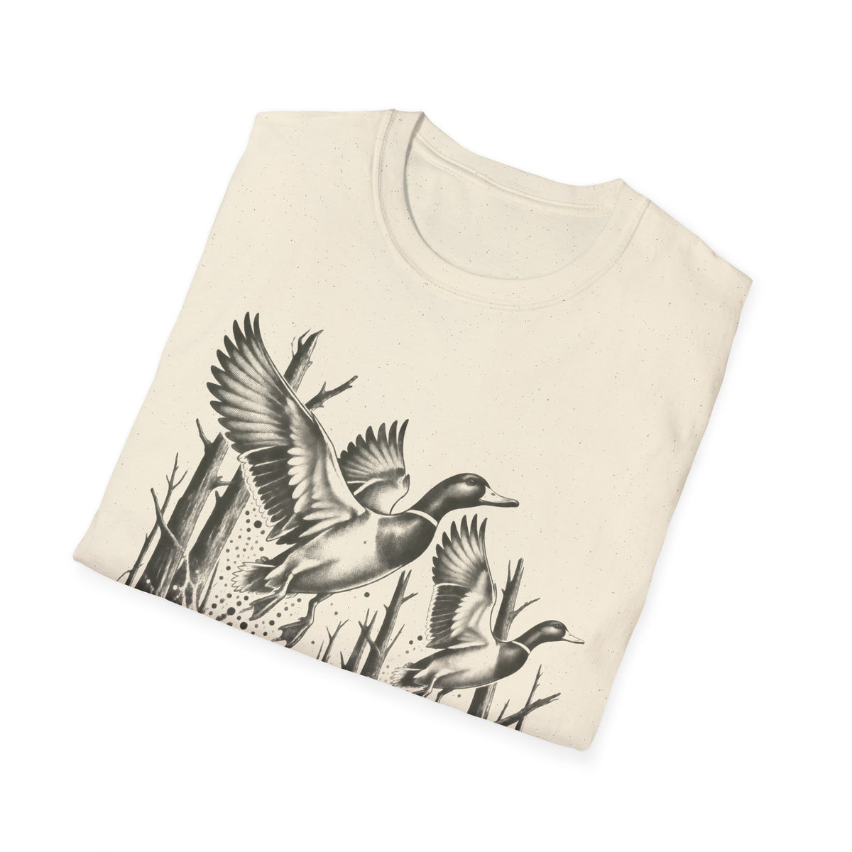 Natural color duck hunting T-shirt with black flying duck graphic across the chest