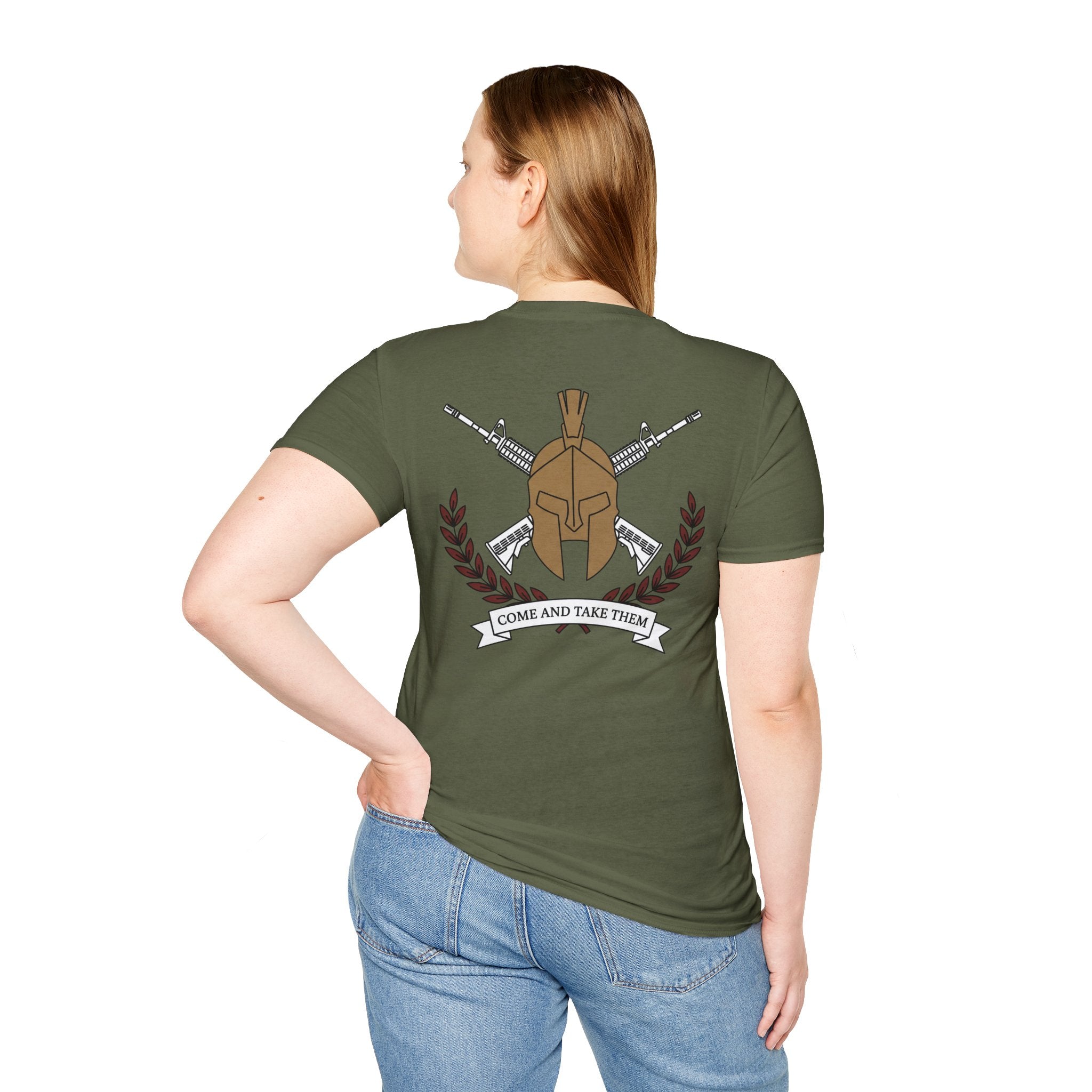 Olive green T-shirt with back graphic of spartan helmet, crossed rifles, and “COME AND TAKE THEM”