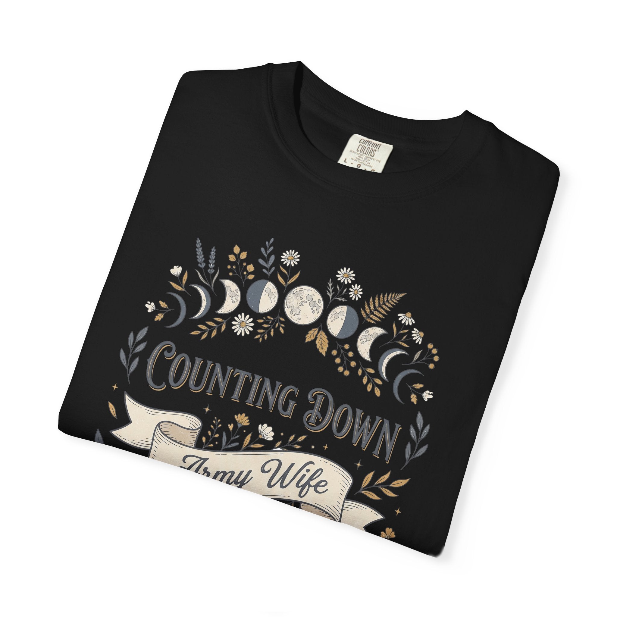 Black crewneck T-shirt with floral crescent 'Counting Down' and 'Army Wife' graphic.