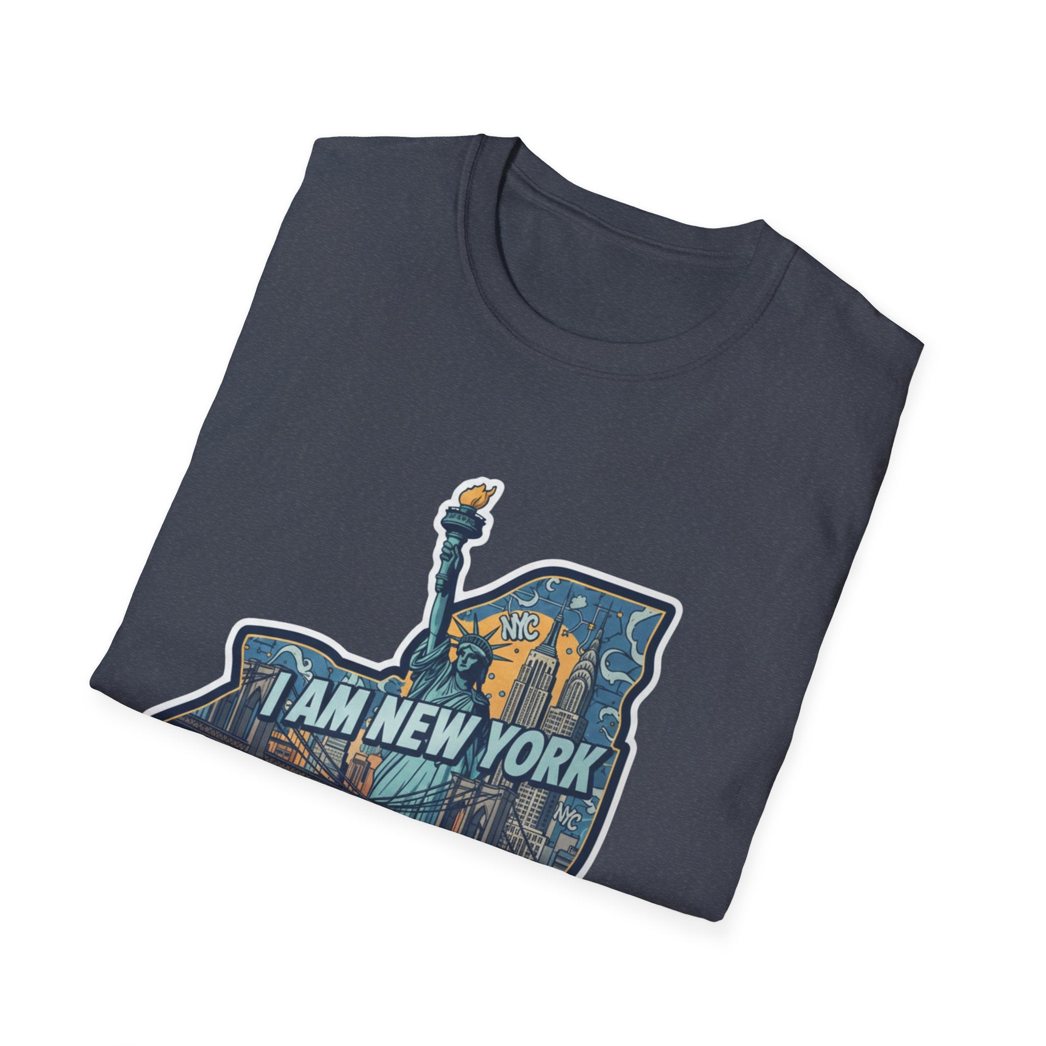 Dark gray T-shirt with "I AM NEW YORK" skyline graphic on front