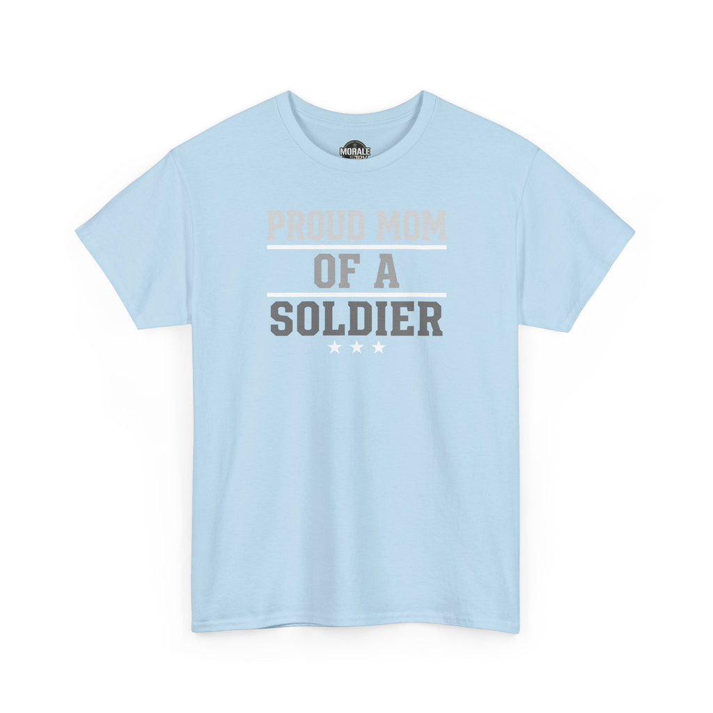 Light blue T-shirt with 'PROUD MOM OF A SOLDIER' graphic (front view)