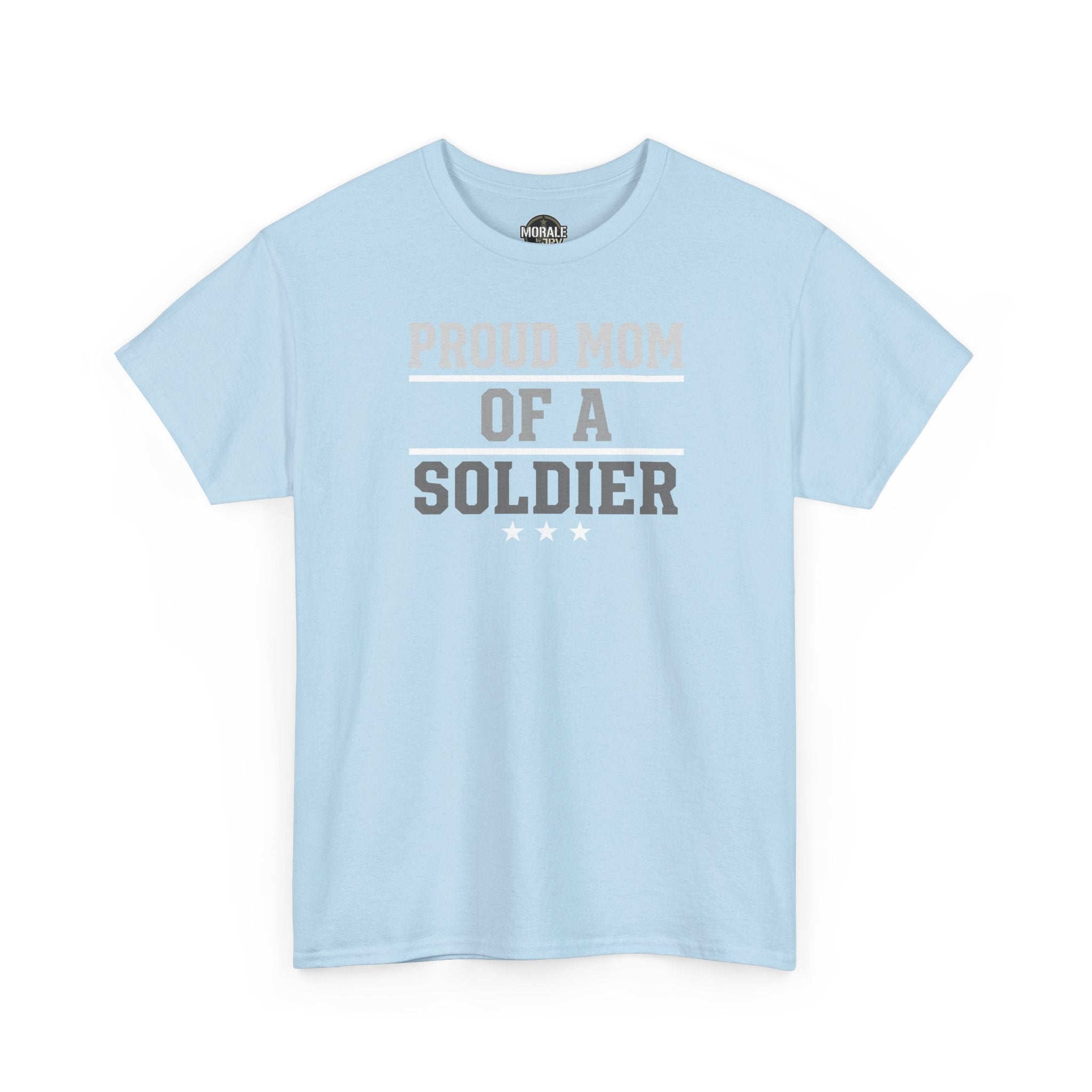 Light blue T-shirt with 'PROUD MOM OF A SOLDIER' graphic (front view)