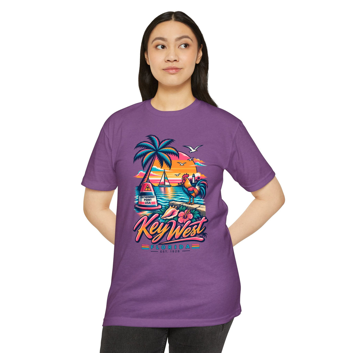 Purple crew-neck T-shirt with colorful Key West graphic featuring palm tree and flamingo