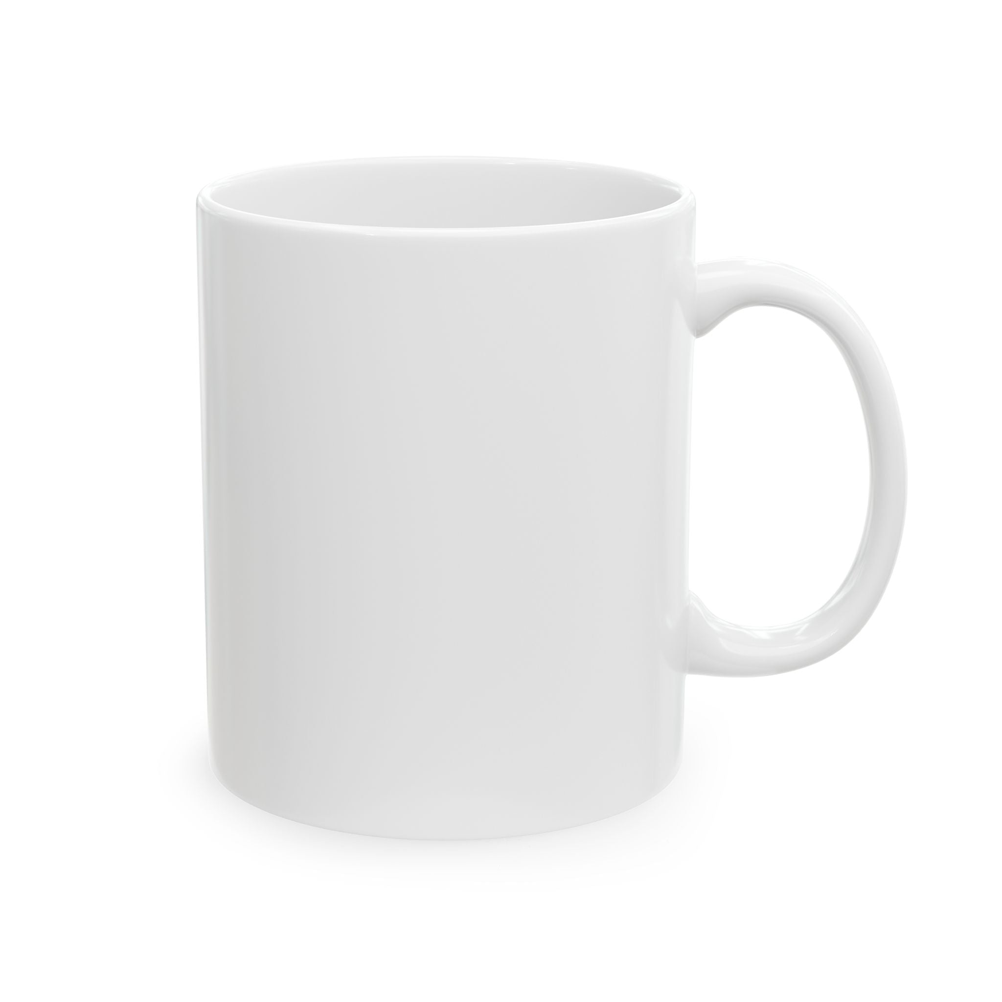 White ceramic mug with smooth side and curved handle