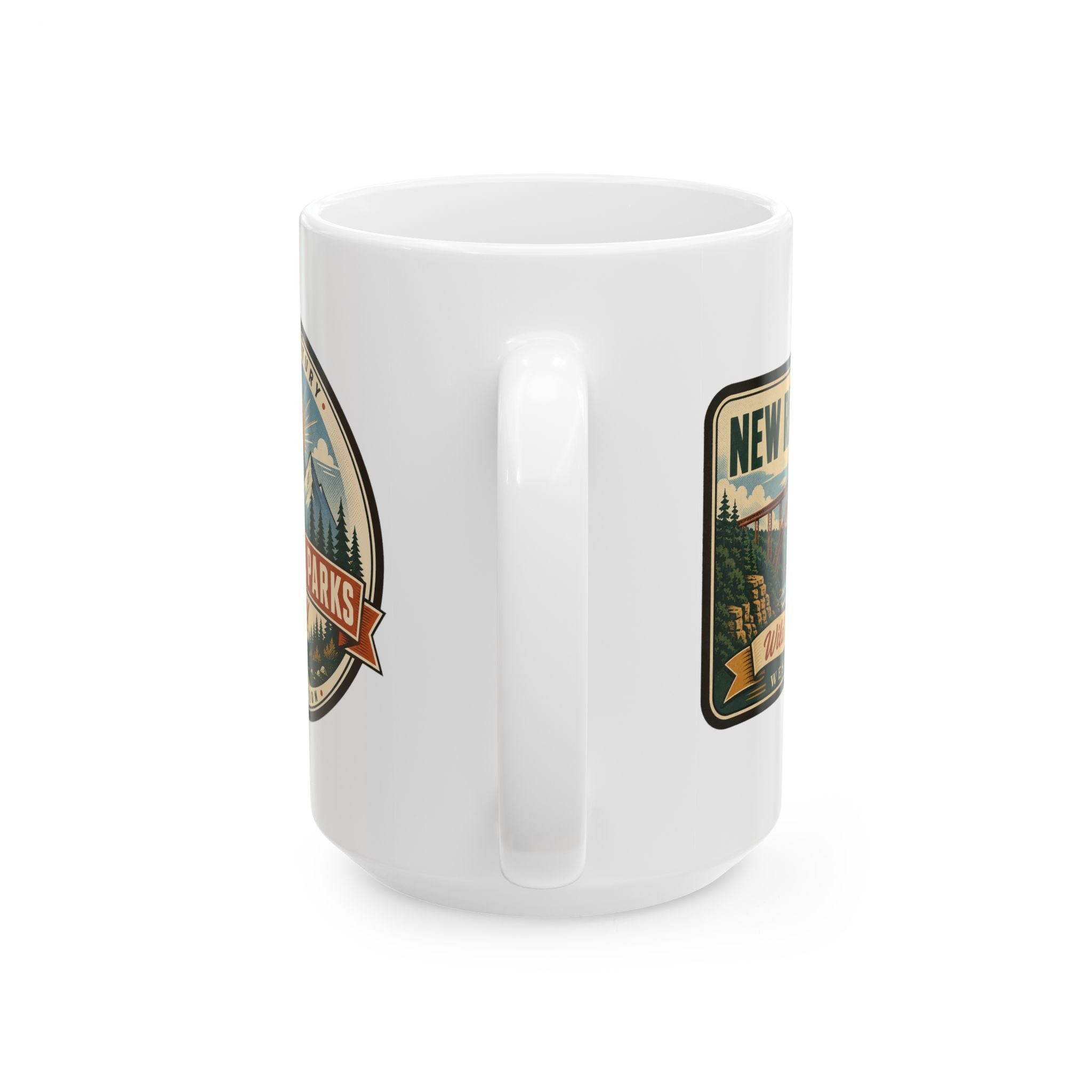White ceramic coffee mug with side handle and 'NEW' park badge print
