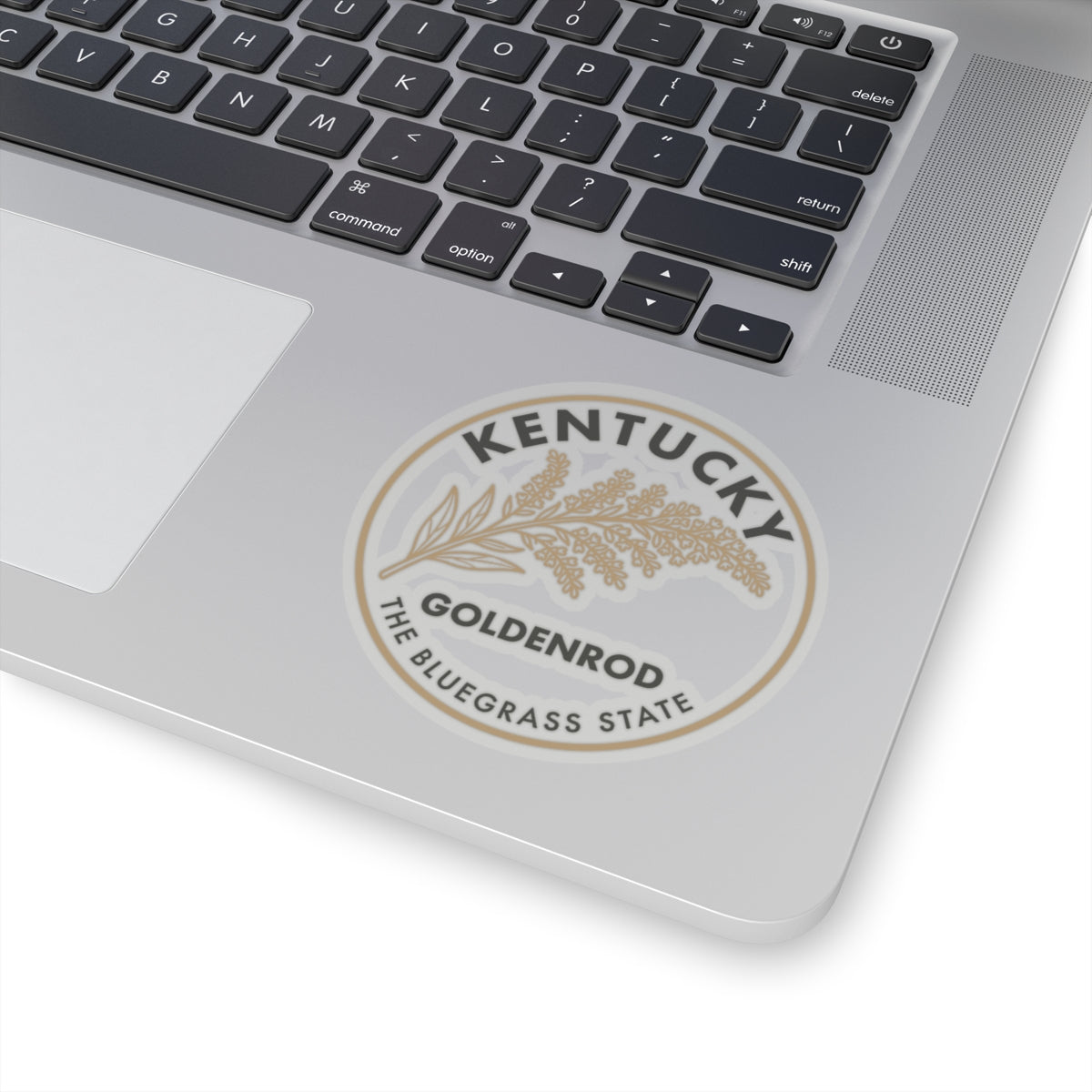 Round goldenrod sticker centered on a laptop lid