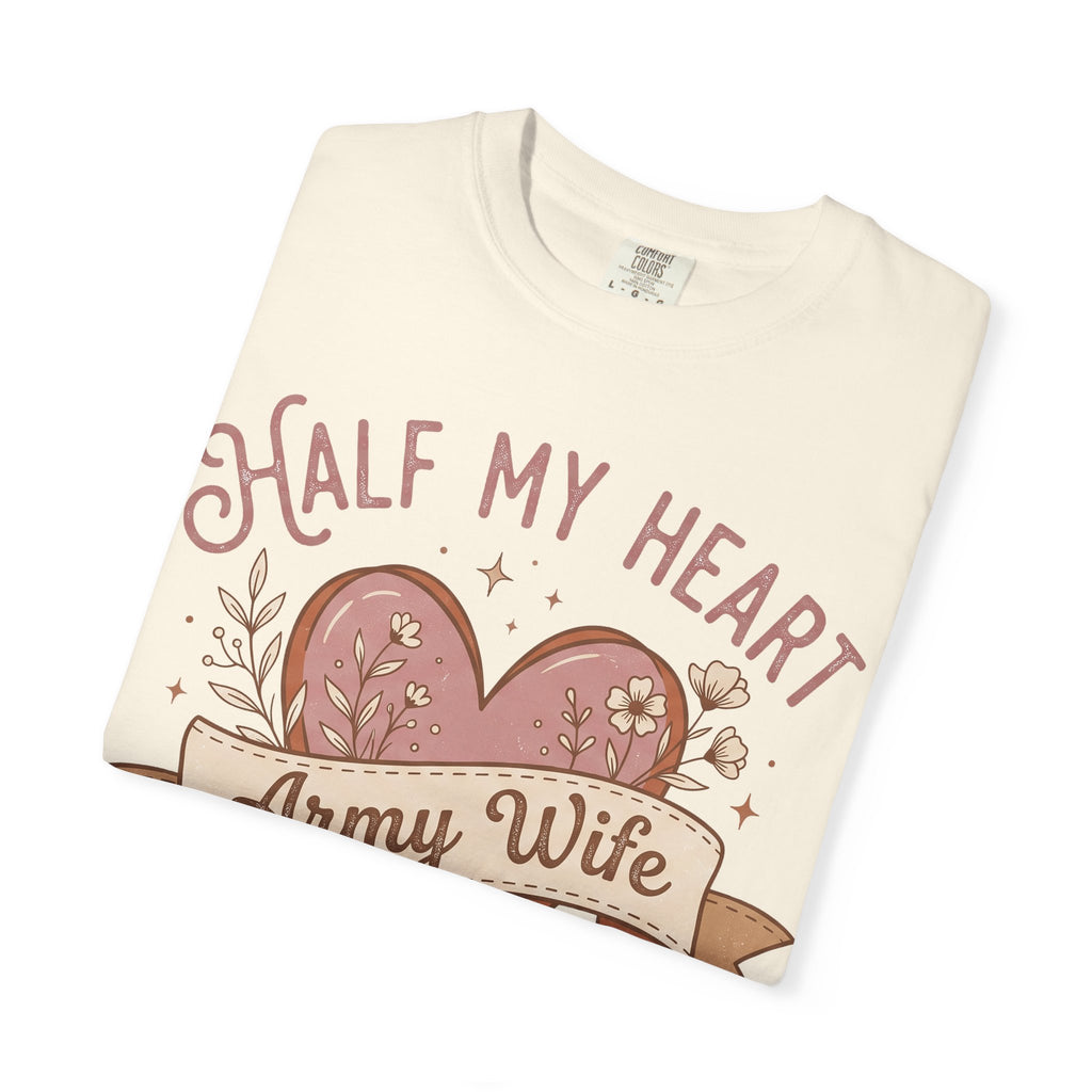 Ivory T-shirt with half-heart graphic and 'Army Wife' ribbon text, crew neck
