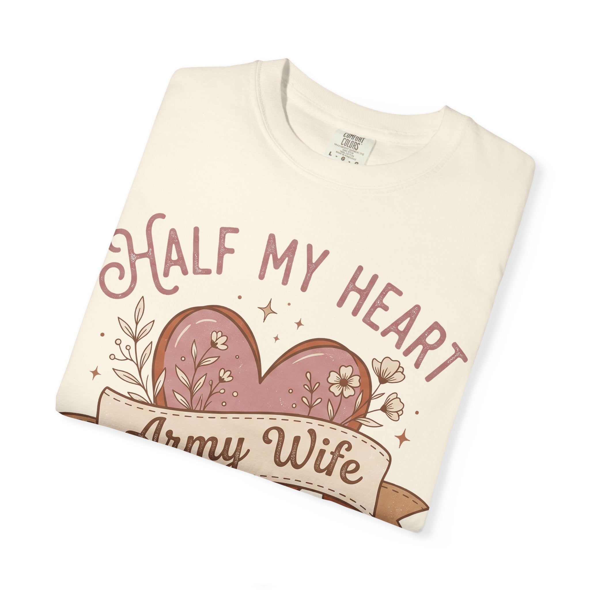 Ivory T-shirt with half-heart graphic and 'Army Wife' ribbon text, crew neck