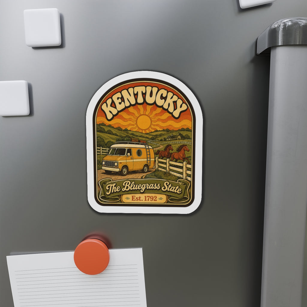 Die-cut Kentucky magnet featuring vintage van, horses, and “The Bluegrass State”