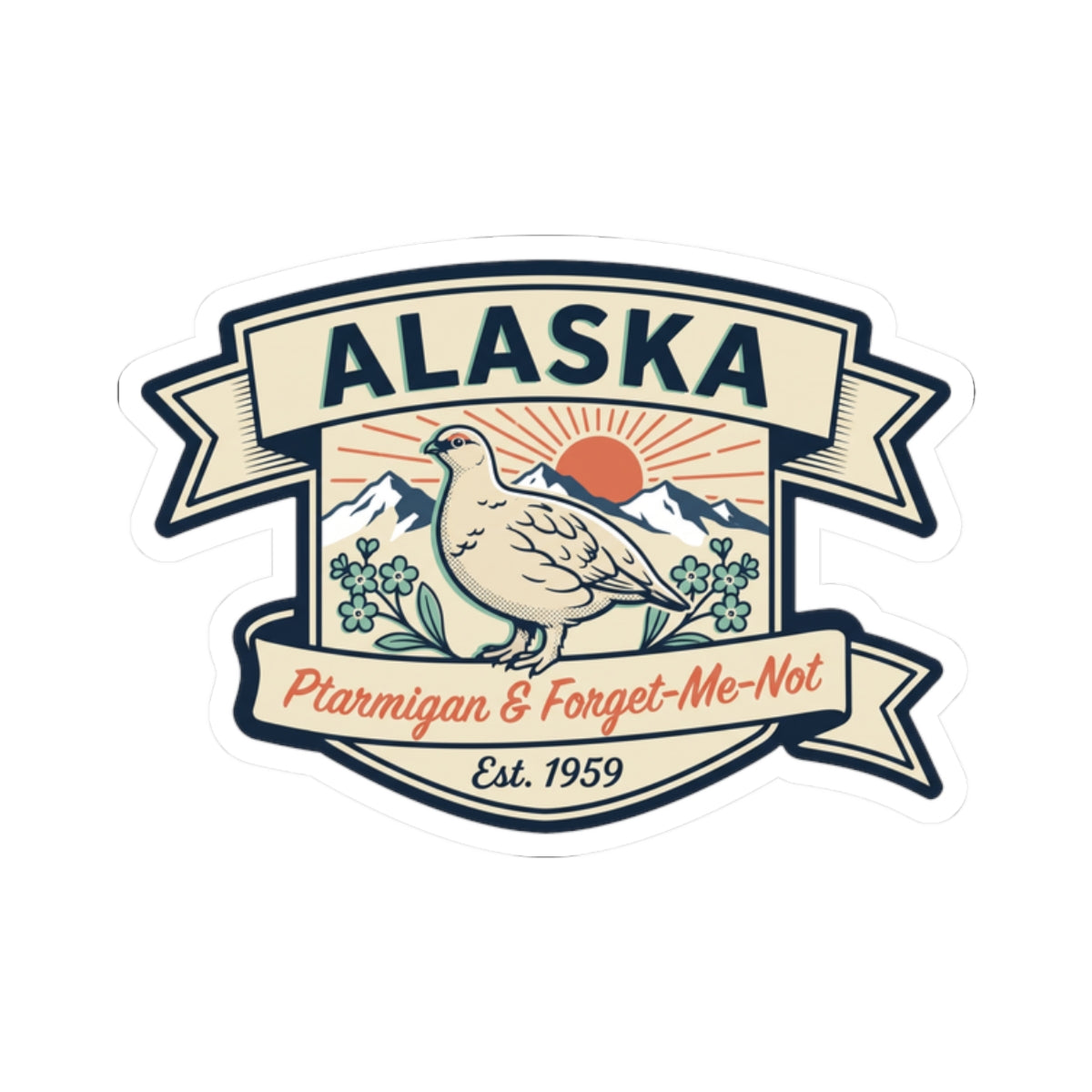 Die-cut Alaska badge sticker with blue banner, ptarmigan illustration, and Est. 1959