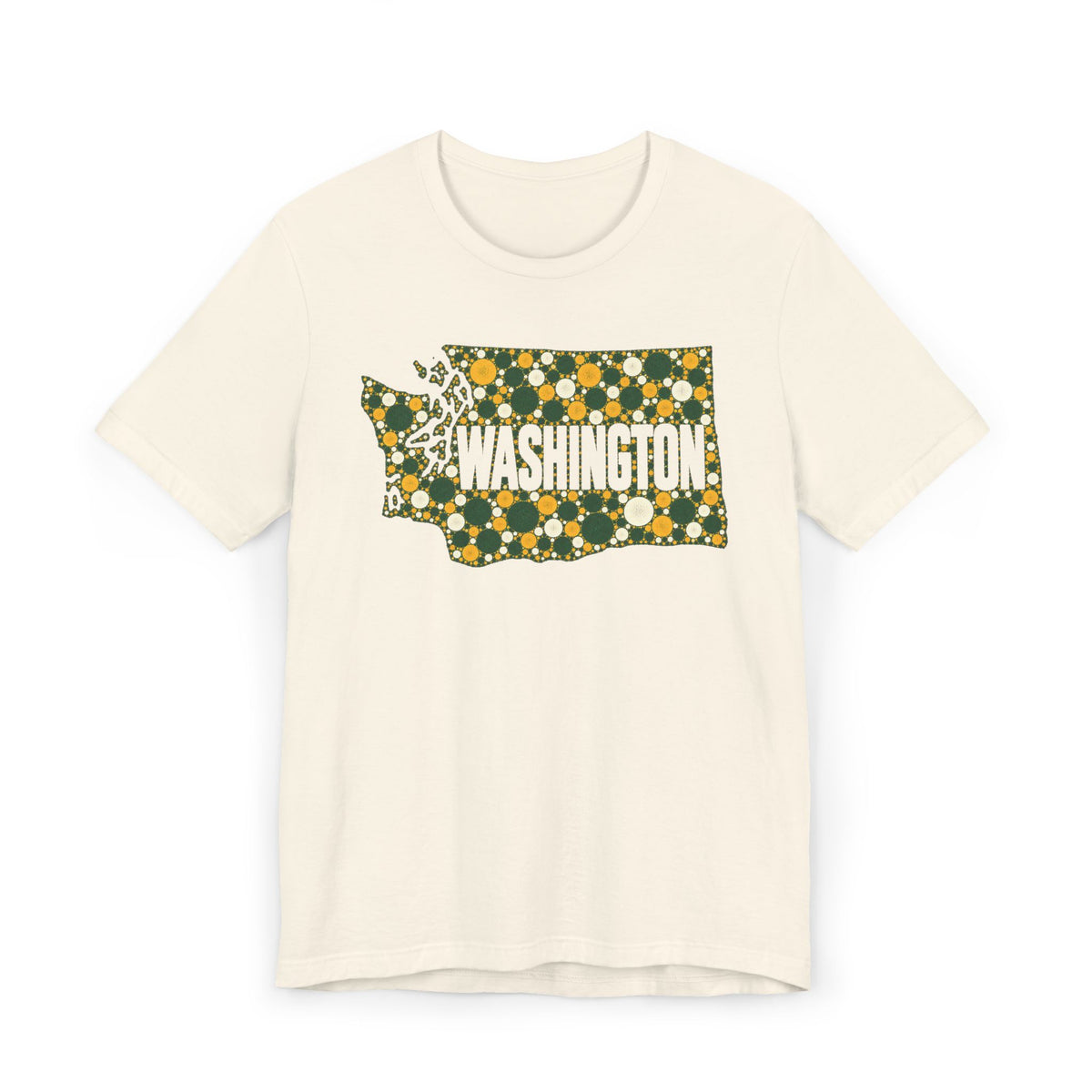 Light cream crewneck T-shirt with Washington floral dot outline graphic in green and gold