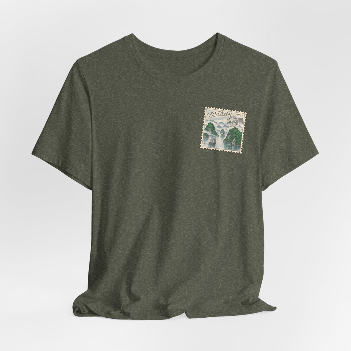 Olive heather T-shirt with small Vietnam postage-stamp graphic at center chest