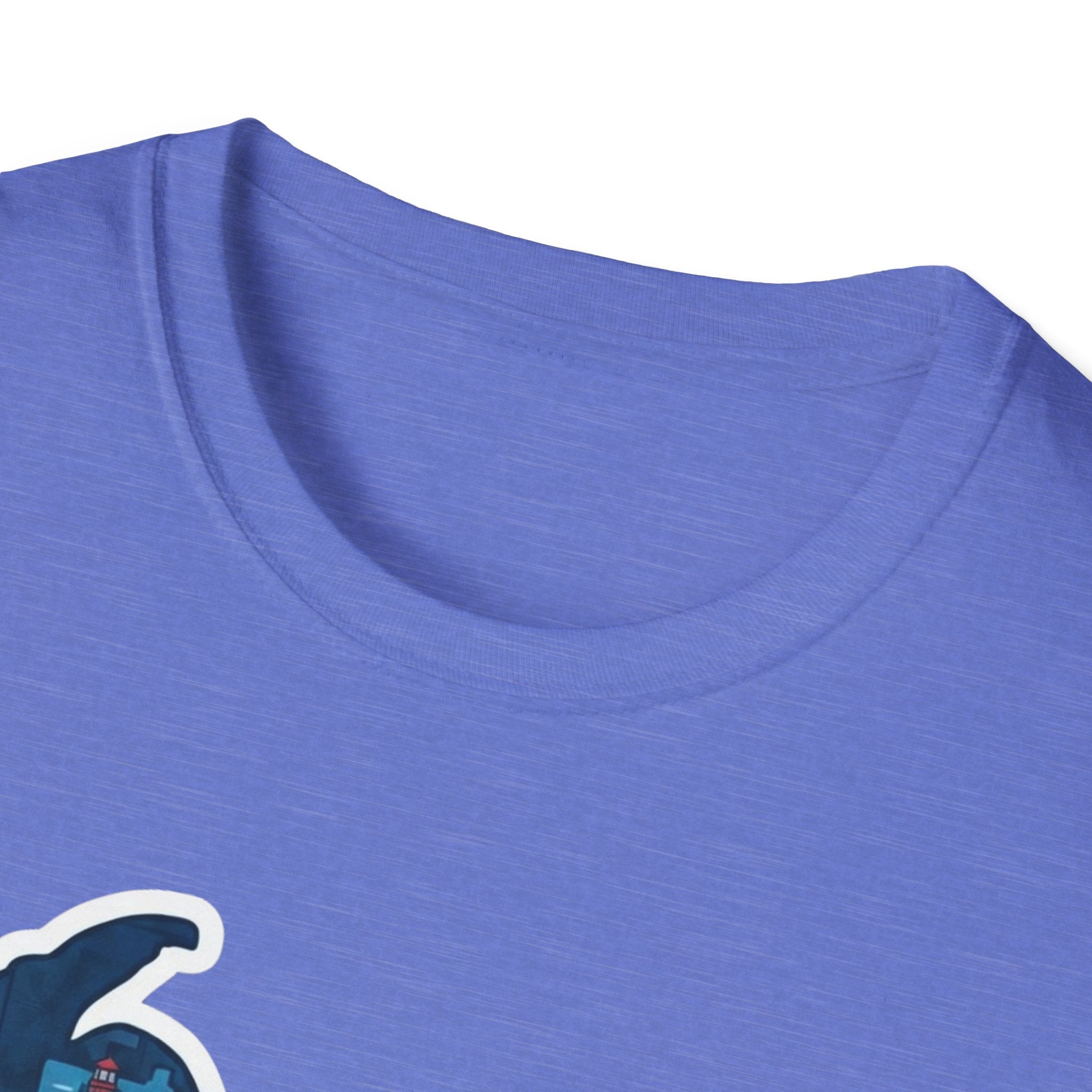 Michigan map graphic T-shirt in lavender, close-up of crew neck