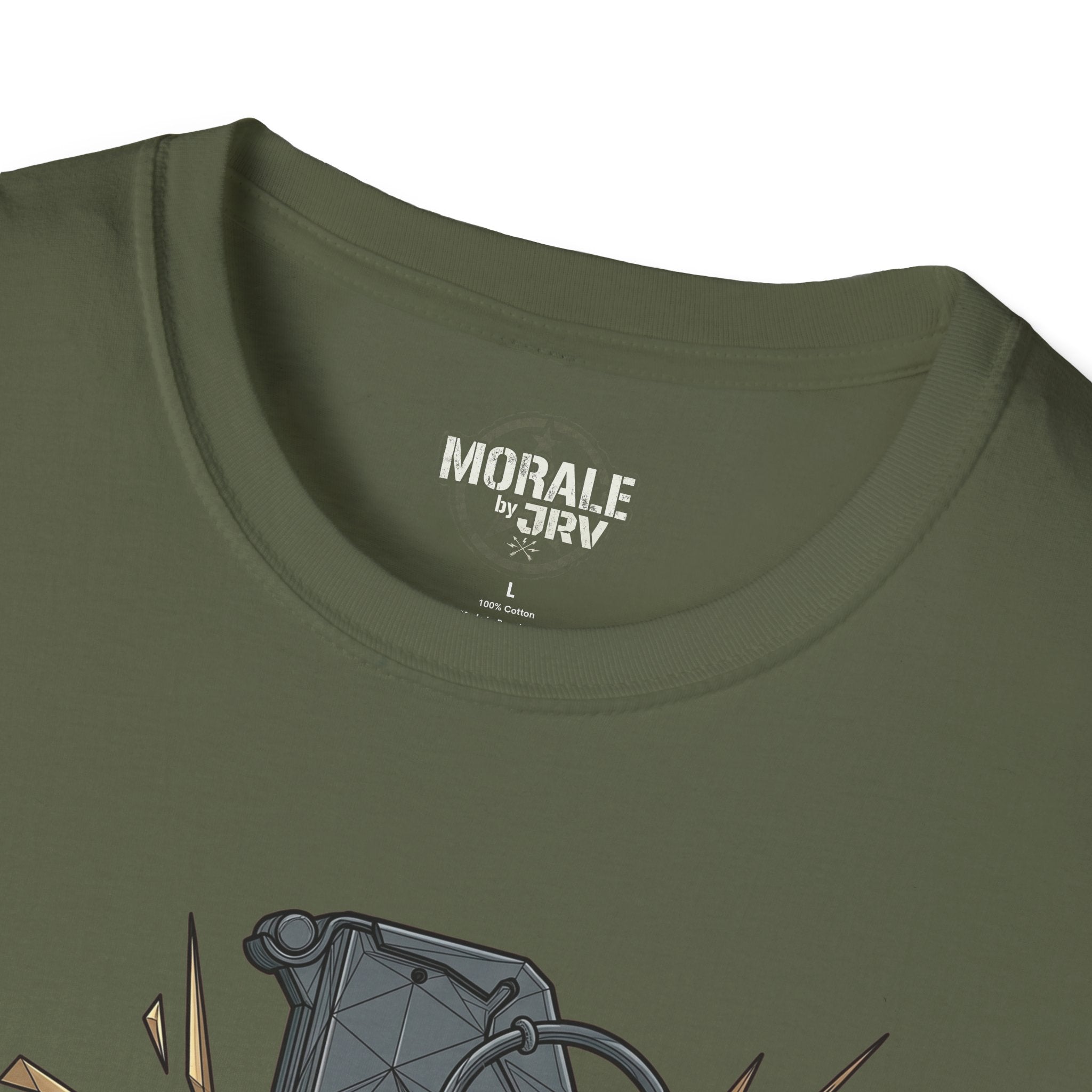 Military Green T-shirt neckline logo and grenade explosion graphic detail
