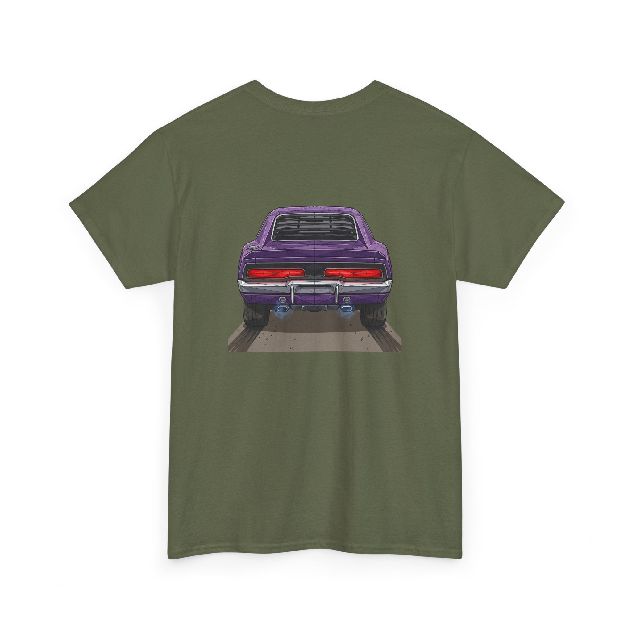 Military green short-sleeve T-shirt with purple retro car graphic on front