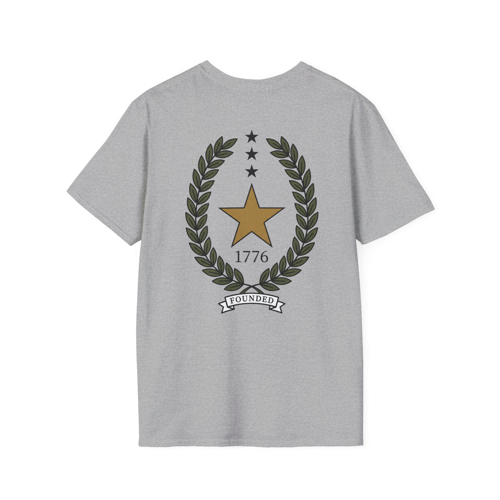 Sport grey T-shirt with gold 1776 star, laurel wreath, and FOUNDED ribbon