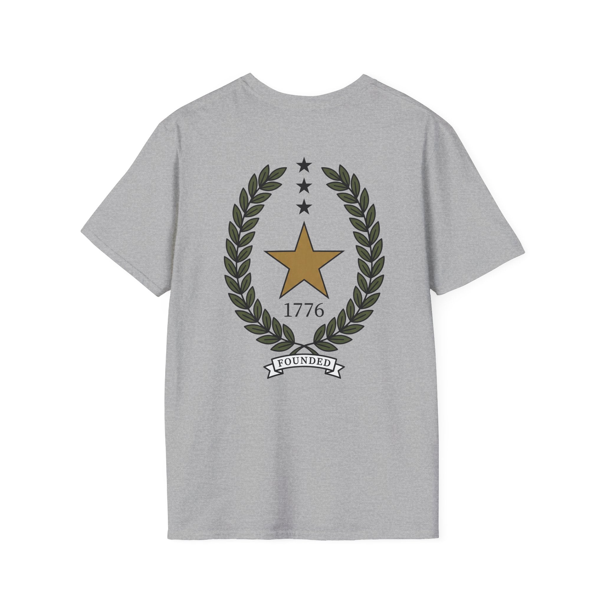 Sport grey T-shirt with gold 1776 star, laurel wreath, and FOUNDED ribbon